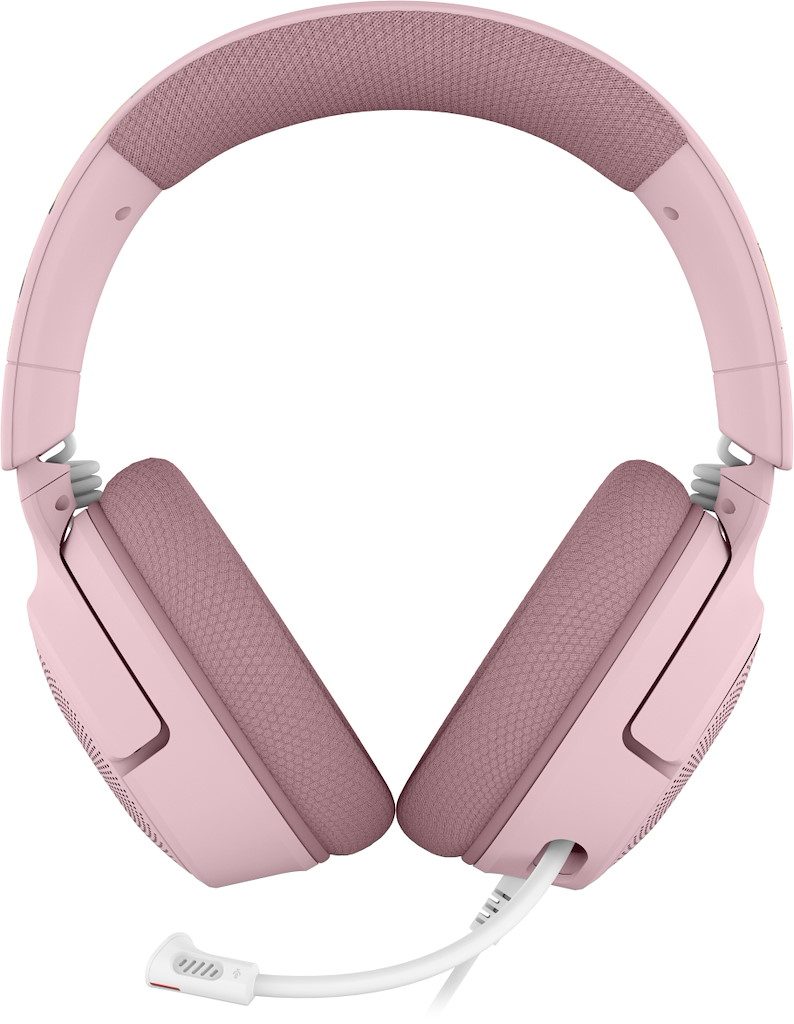 Casque de jeu rose avec serre-tête rembourré, coussinets et microphone blanc sur fond blanc.