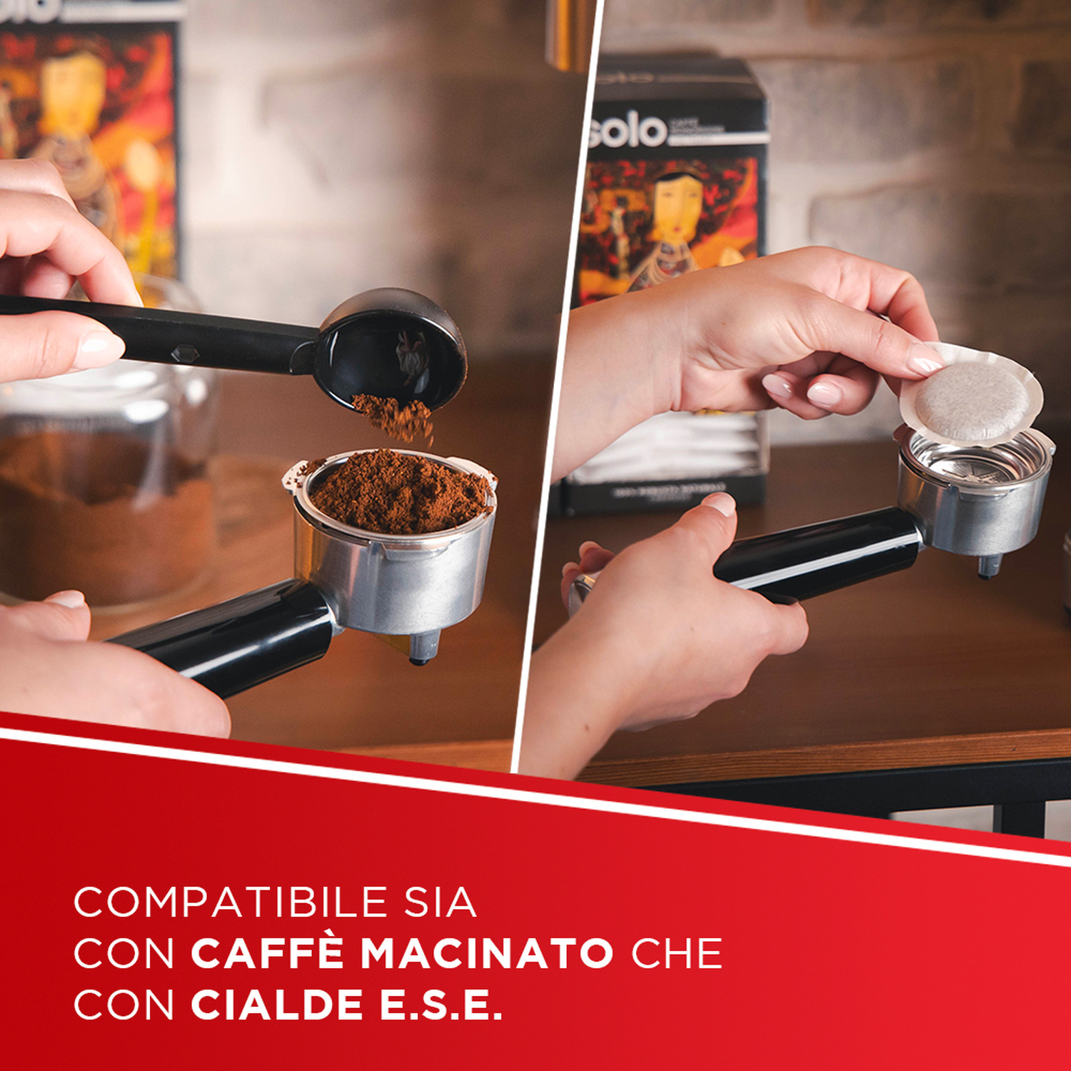 Immagine divisa che mostra caffè macinato versato in un portafiltro e una cialda E.S.E. inserita in un altro.