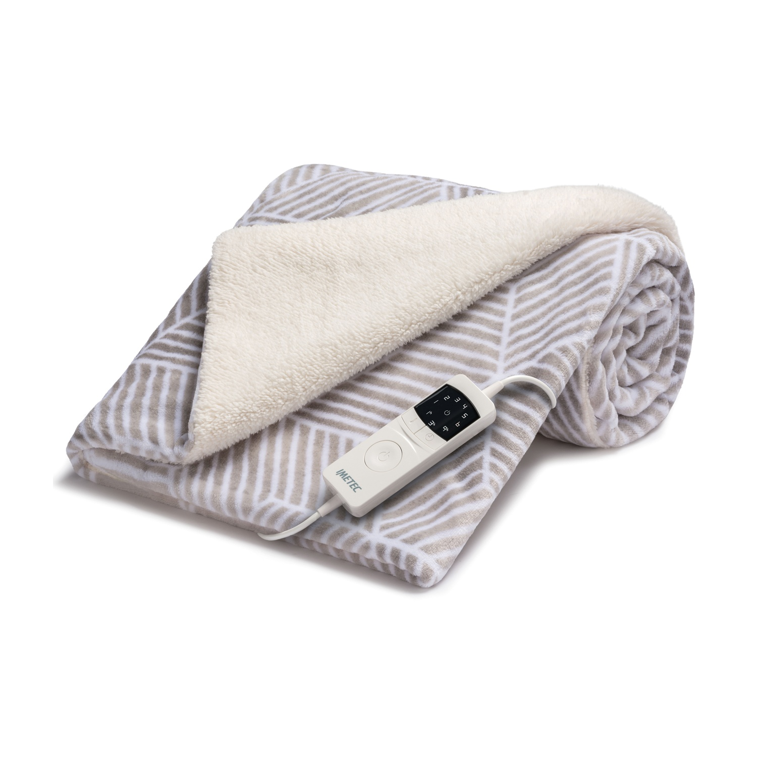 Una coperta grigia piegata con motivo bianco e telecomando.