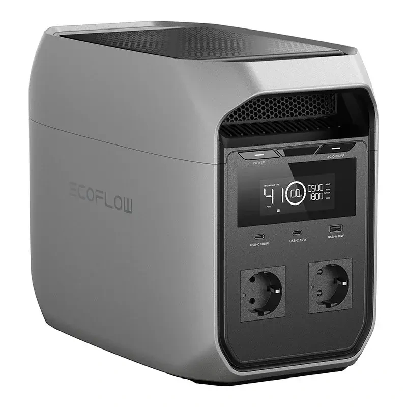 Szara przenośna stacja zasilania EcoFlow z wyświetlaczem cyfrowym, gniazdami i portami USB.