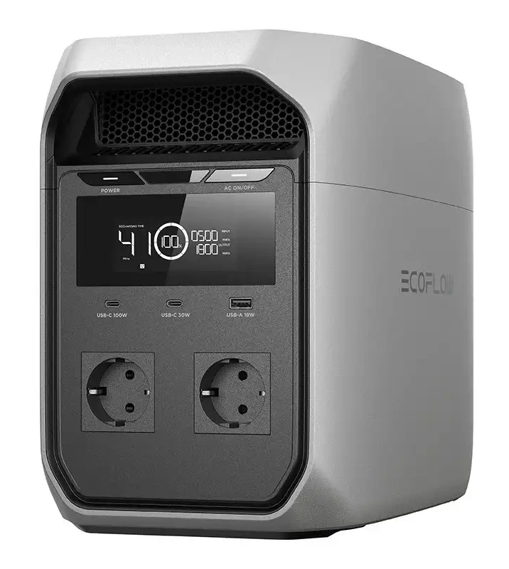 Szara przenośna stacja zasilania EcoFlow z wyświetlaczem cyfrowym, portami USB i dwoma gniazdkami z przodu.