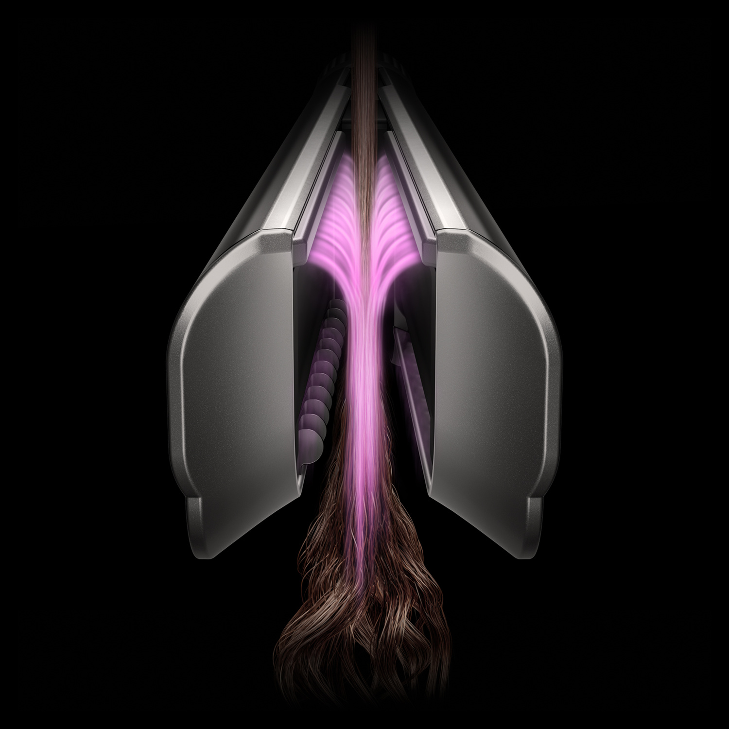Una piastra per capelli nera con piastre aperte, che mostra una ciocca di capelli castani luminosa con luce rosa.