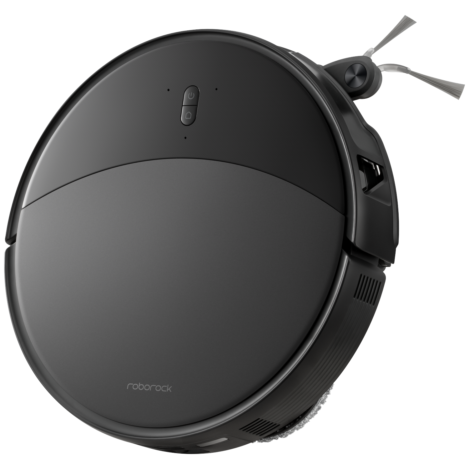 Un aspirateur robot Roborock noir sur fond noir.