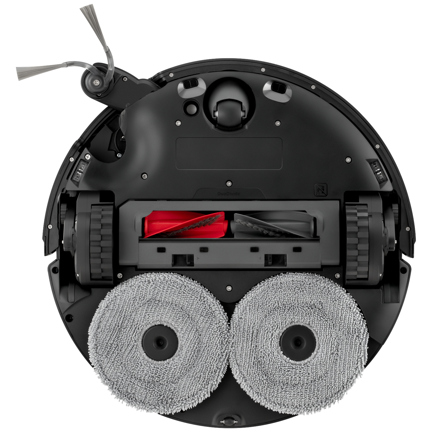Vue inférieure d'un robot aspirateur noir avec brosse latérale, deux rouleaux en caoutchouc, roues et deux serpillères.