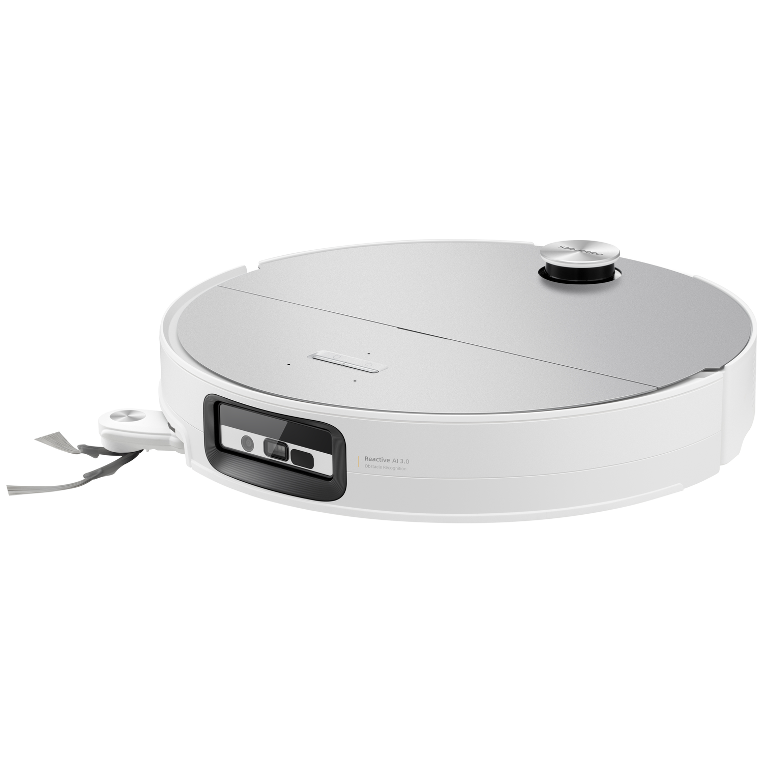 Aspirateur robot blanc et argent avec caméra frontale et capteur LiDAR sur fond blanc.