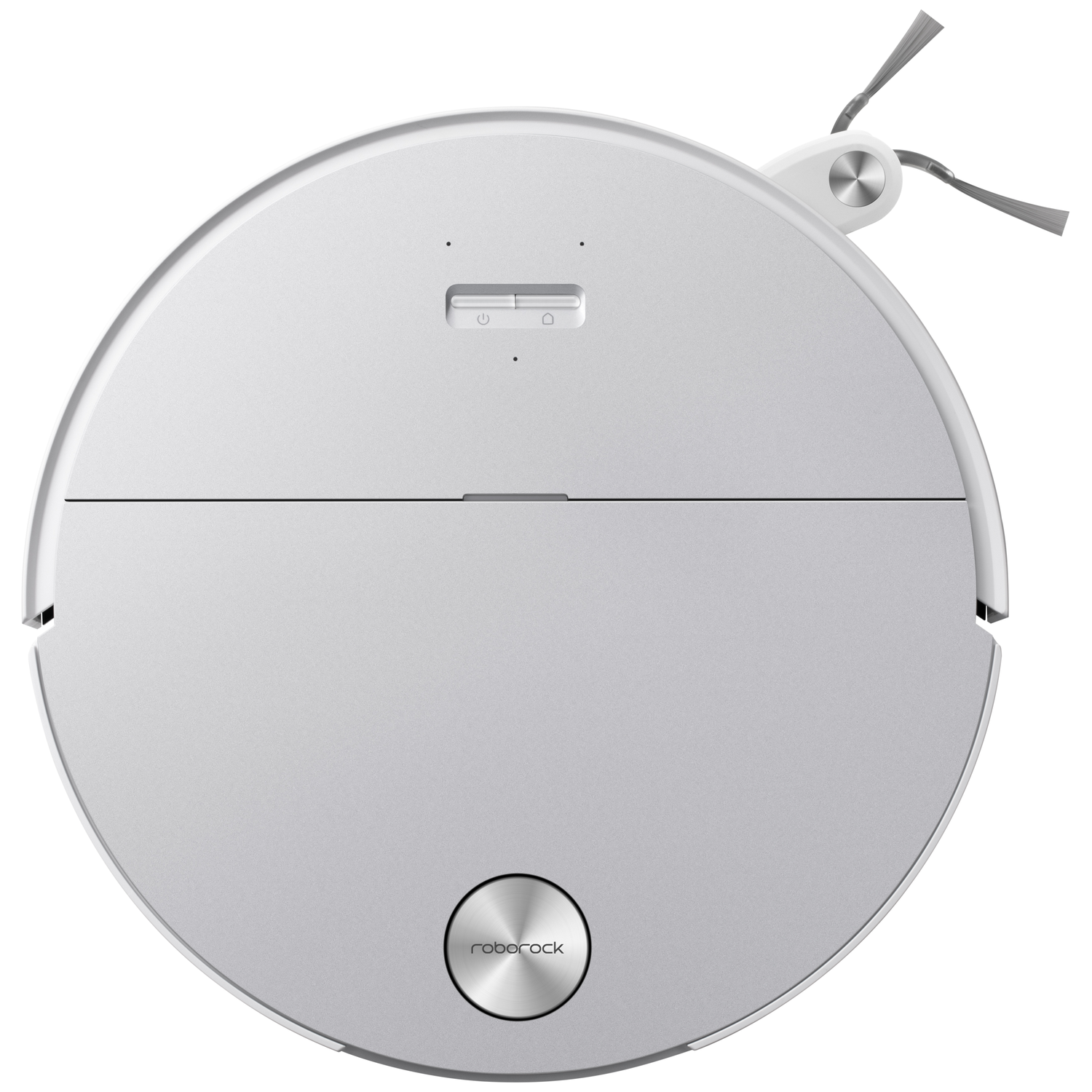 Vue de dessus d'un aspirateur robot Roborock blanc avec deux boutons et une brosse latérale.