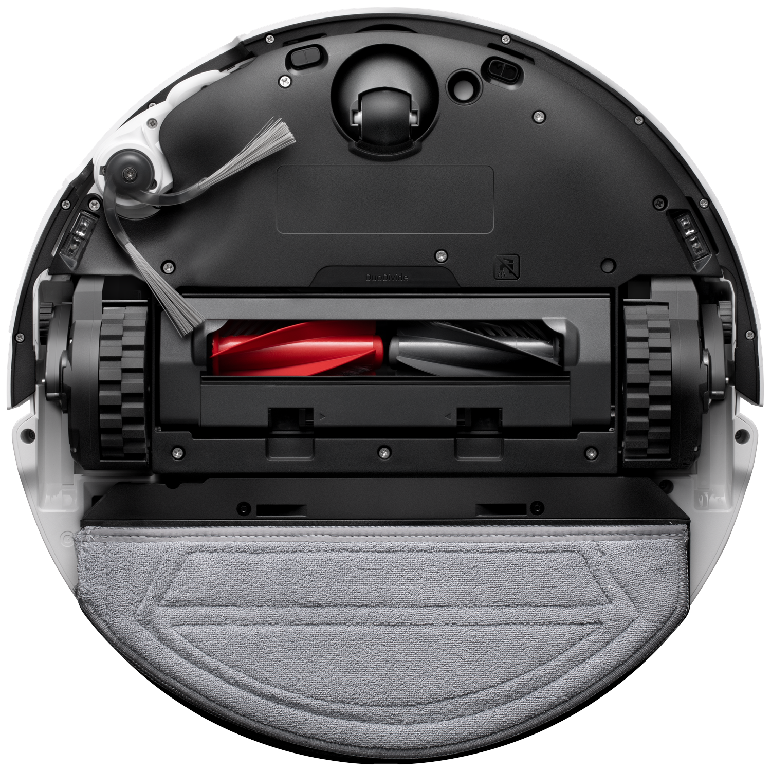Le dessous d'un robot aspirateur blanc et noir avec des rouleaux rouges et une serpillière grise.