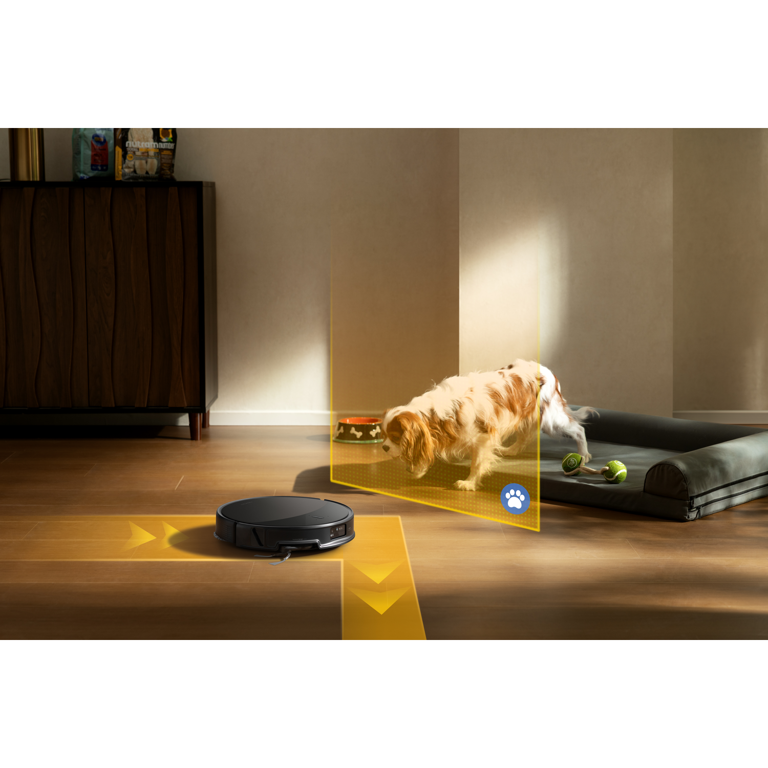 Un robot aspirateur navigue sur un sol en bois près d'un chien dans son panier.