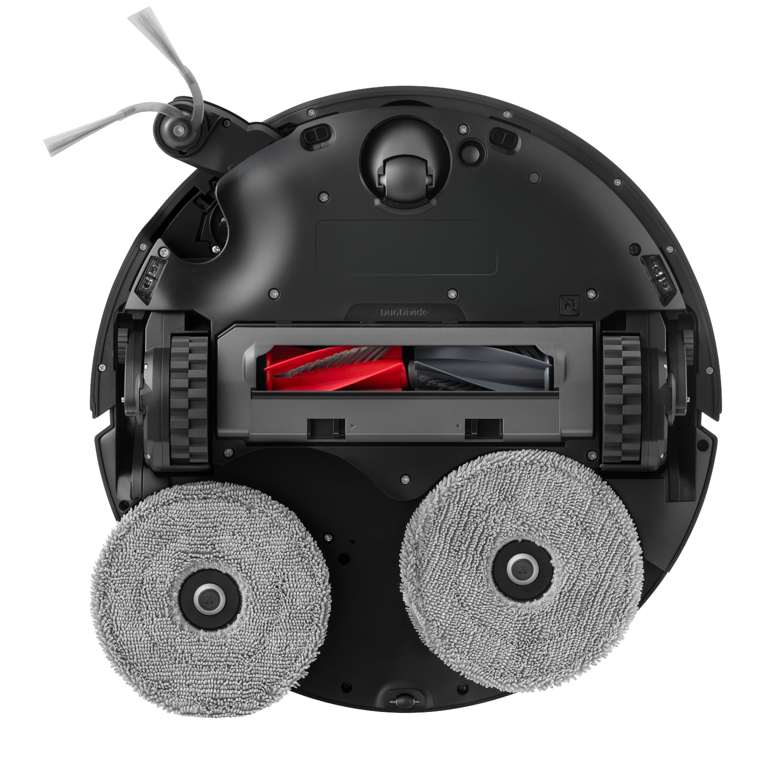 Vue de dessous d'un robot aspirateur noir avec deux serpillières, des roues en caoutchouc et des brosses-rouleaux.