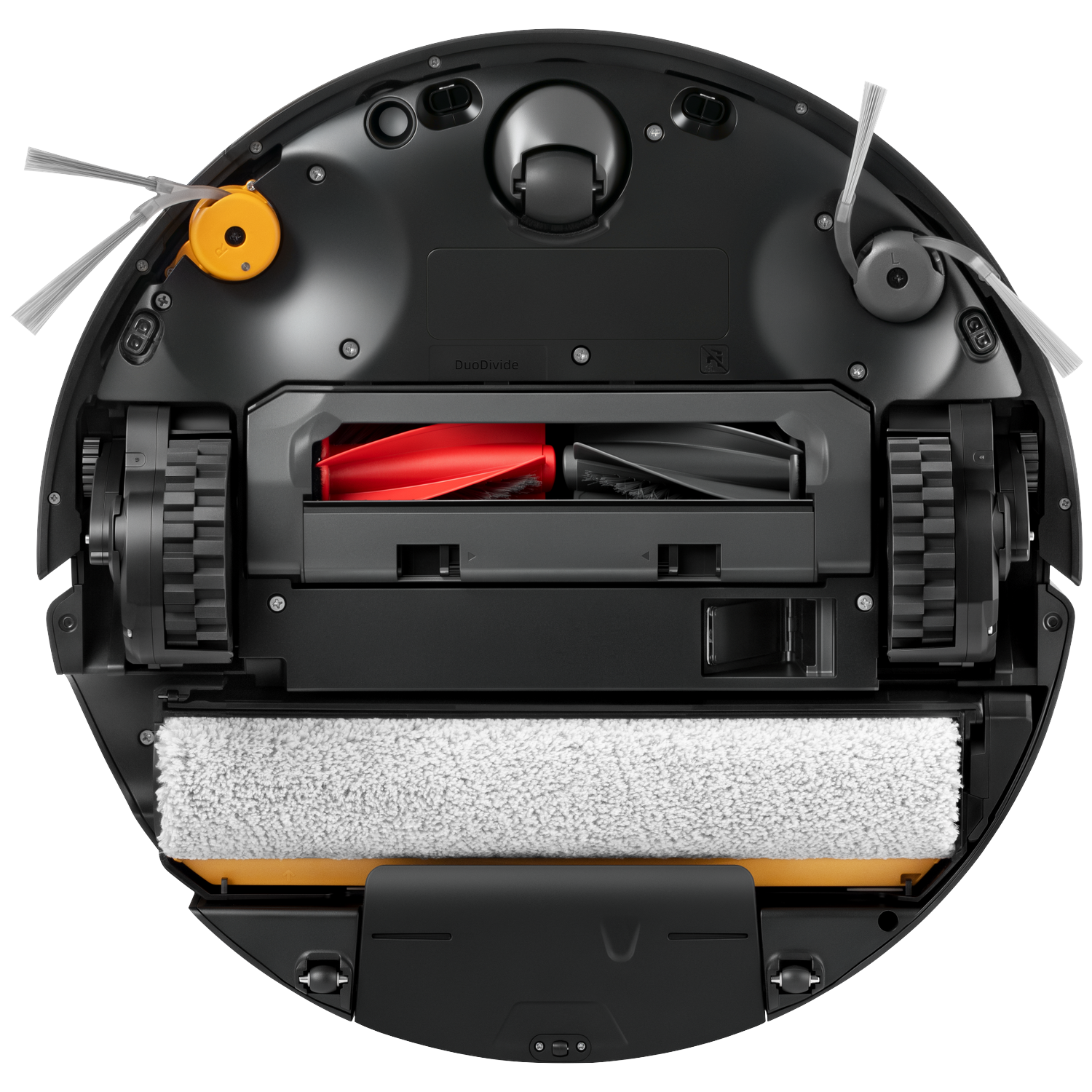 Dessous d'un robot aspirateur noir avec des rouleaux, des roues et une serpillière blanche sur fond noir.