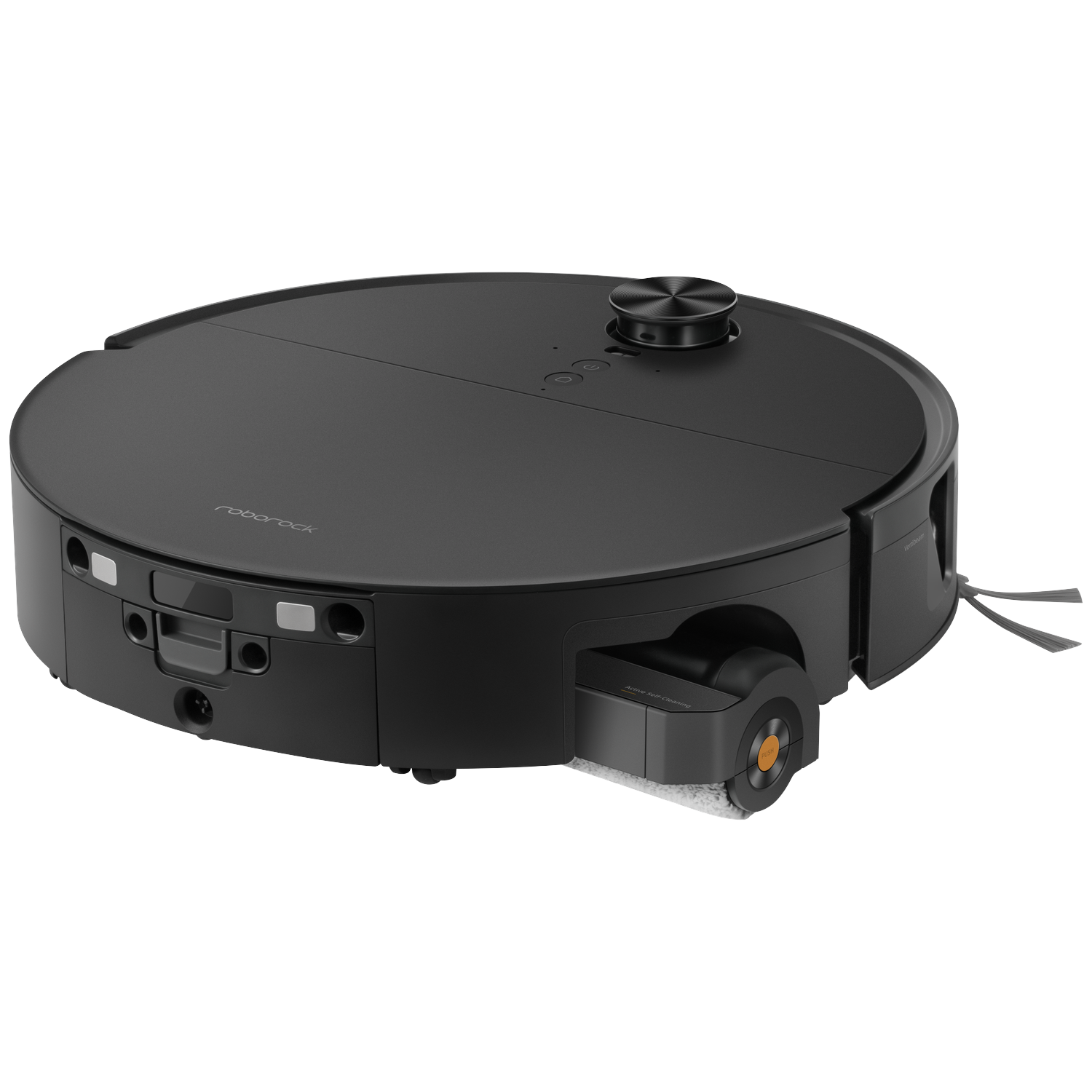 Un aspirateur robot Roborock noir avec un capteur sur le dessus et une brosse latérale sur fond noir.