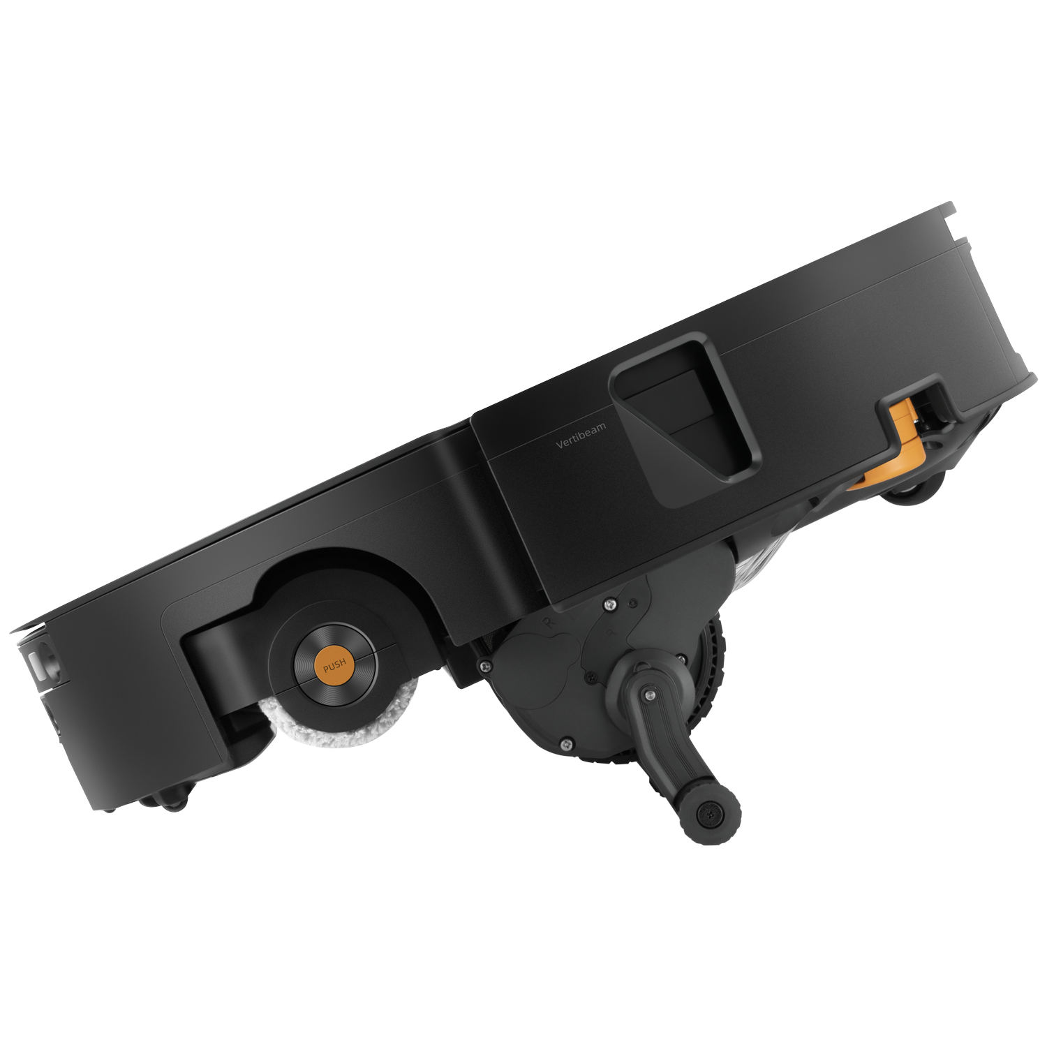 Appareil de nettoyage noir avec roues, brosses et touches orange sur fond noir.