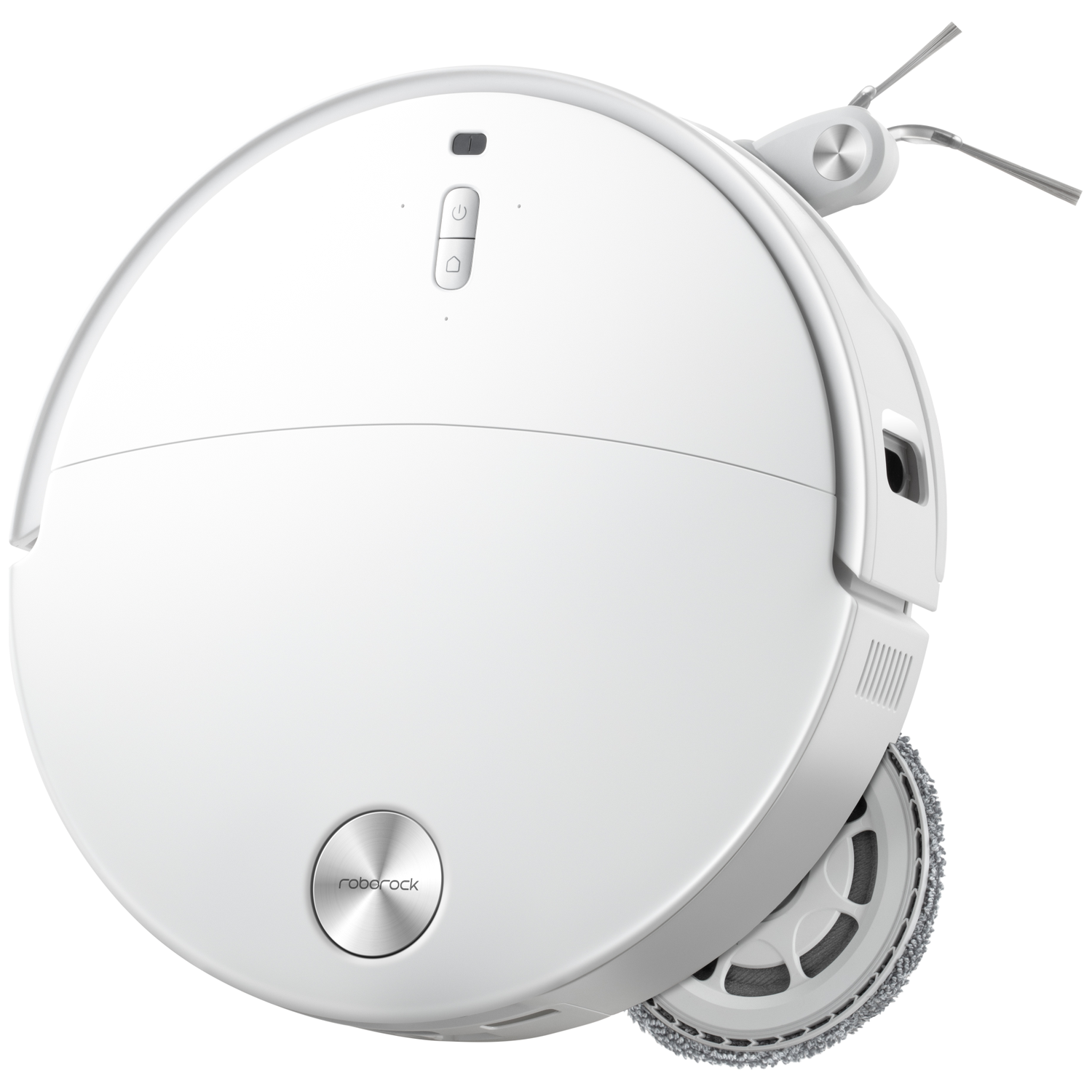 Un robot aspirateur et laveur Roborock blanc de forme ronde, avec brosse latérale et serpillère sur fond blanc.