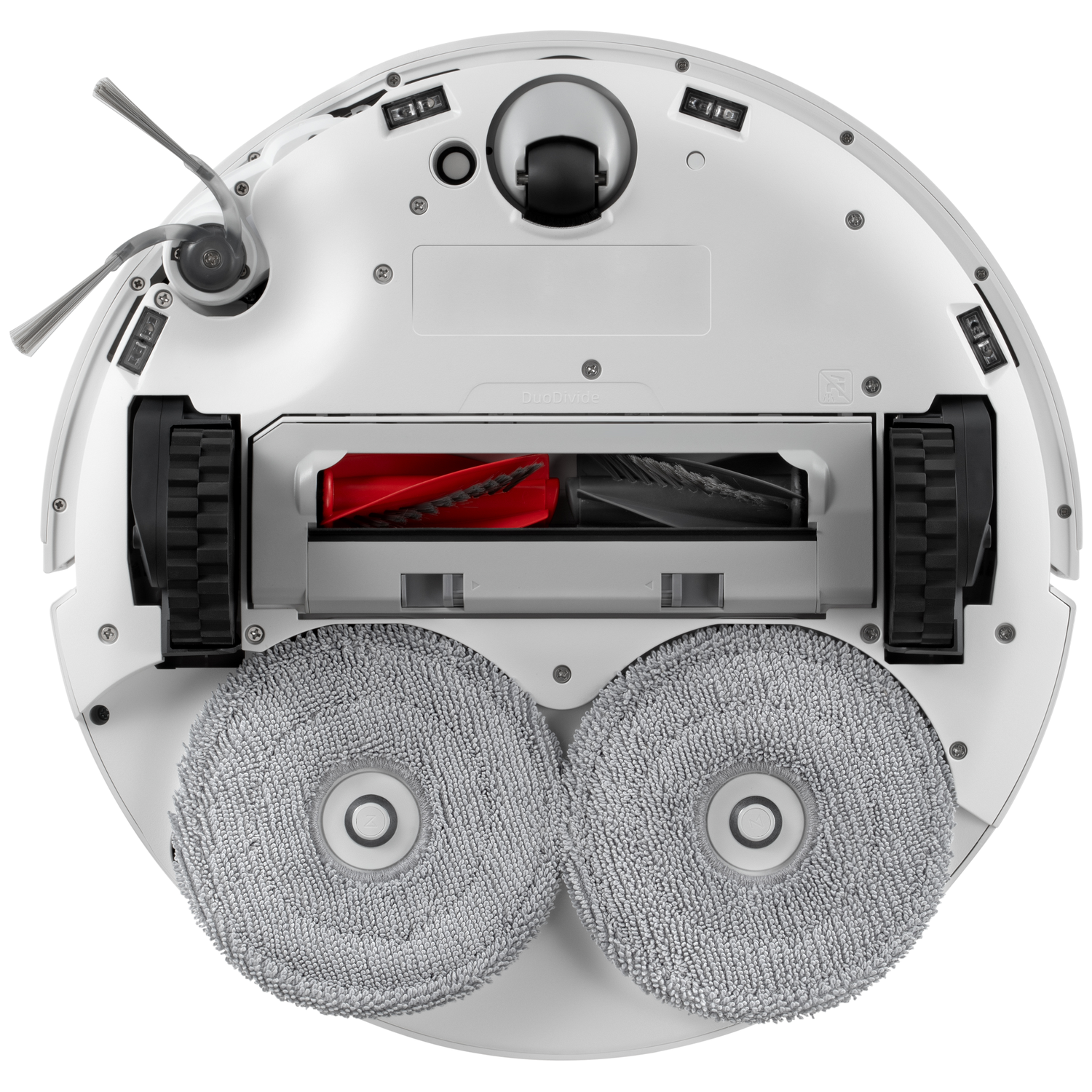 Vue de dessous d'un aspirateur robot blanc avec brosse latérale, roues, brosse principale rouge-noire et deux serpillères.