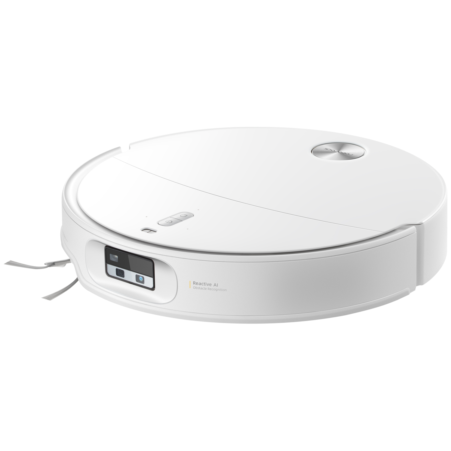 Un aspirateur robot blanc avec module caméra et boutons supérieurs sur fond blanc.
