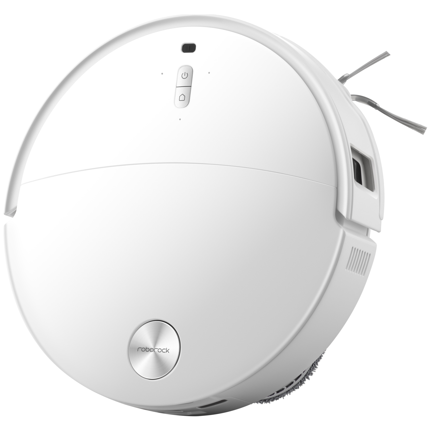 Un aspirateur robot blanc avec des boutons en haut et un badge rond en bas.