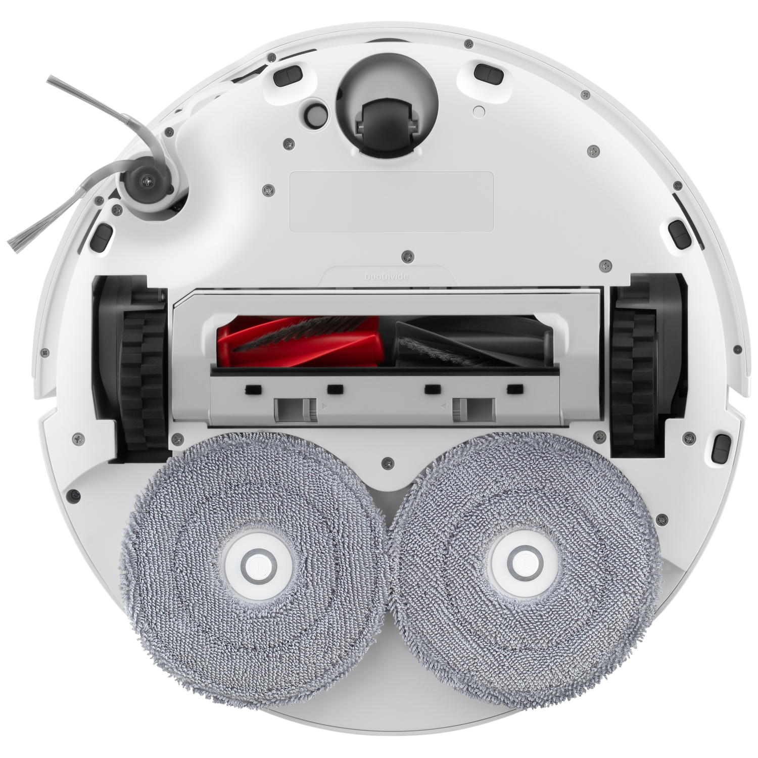 Vue de dessous d'un robot aspirateur blanc avec deux serpillères grises, des brosses et des roues.