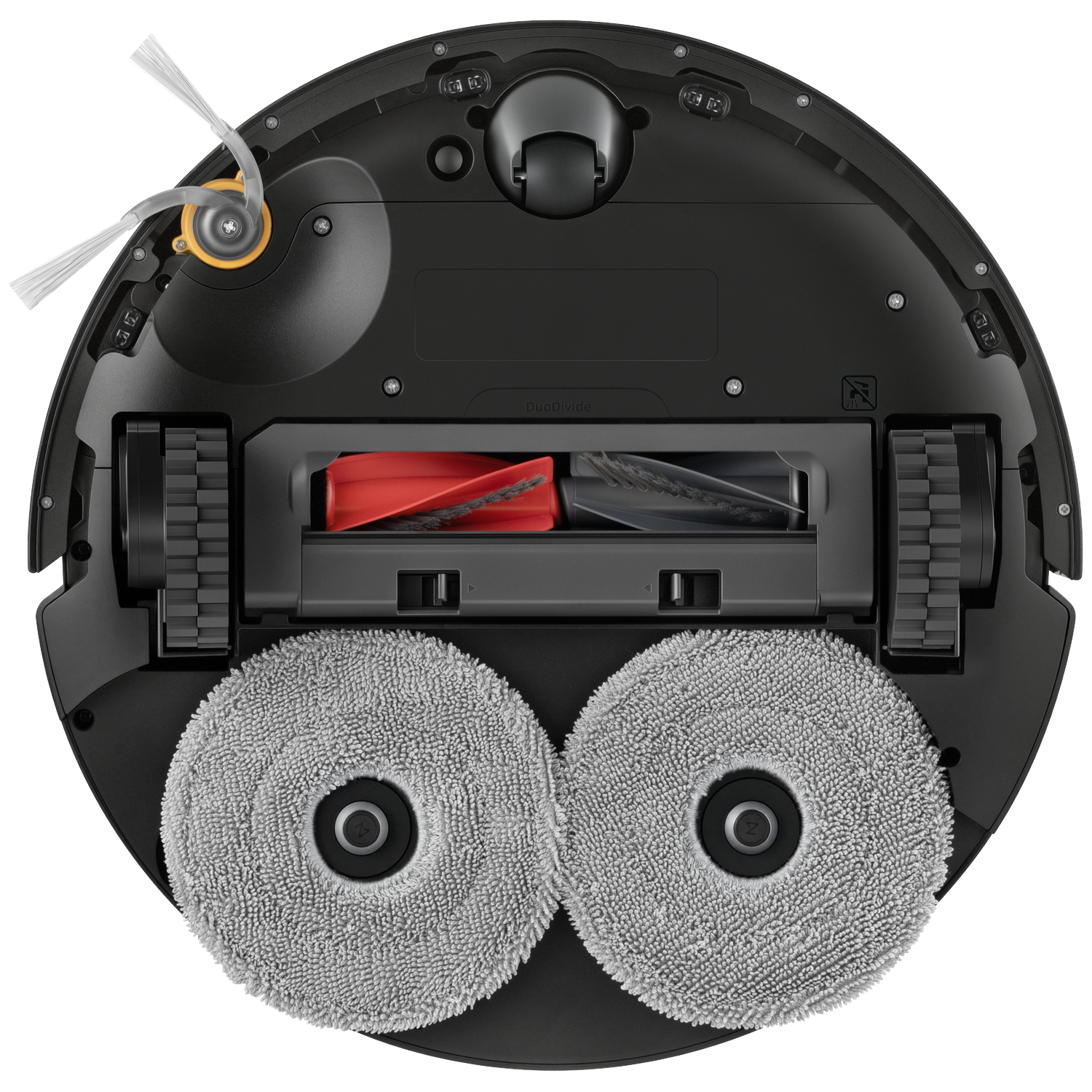 Dessous d'un robot aspirateur noir avec deux serpillères grises, des brosses rouges et grises, et une brosse latérale.