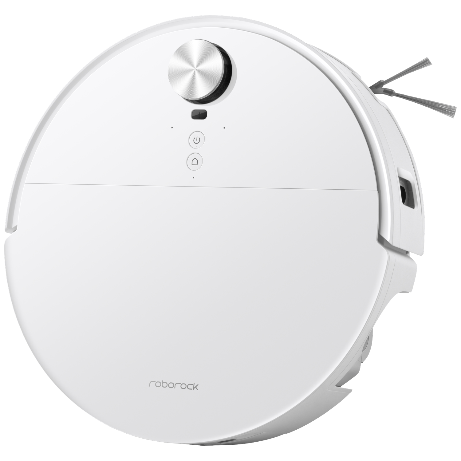 Un aspirateur robot Roborock blanc avec une tour laser argentée et des boutons sur fond noir.
