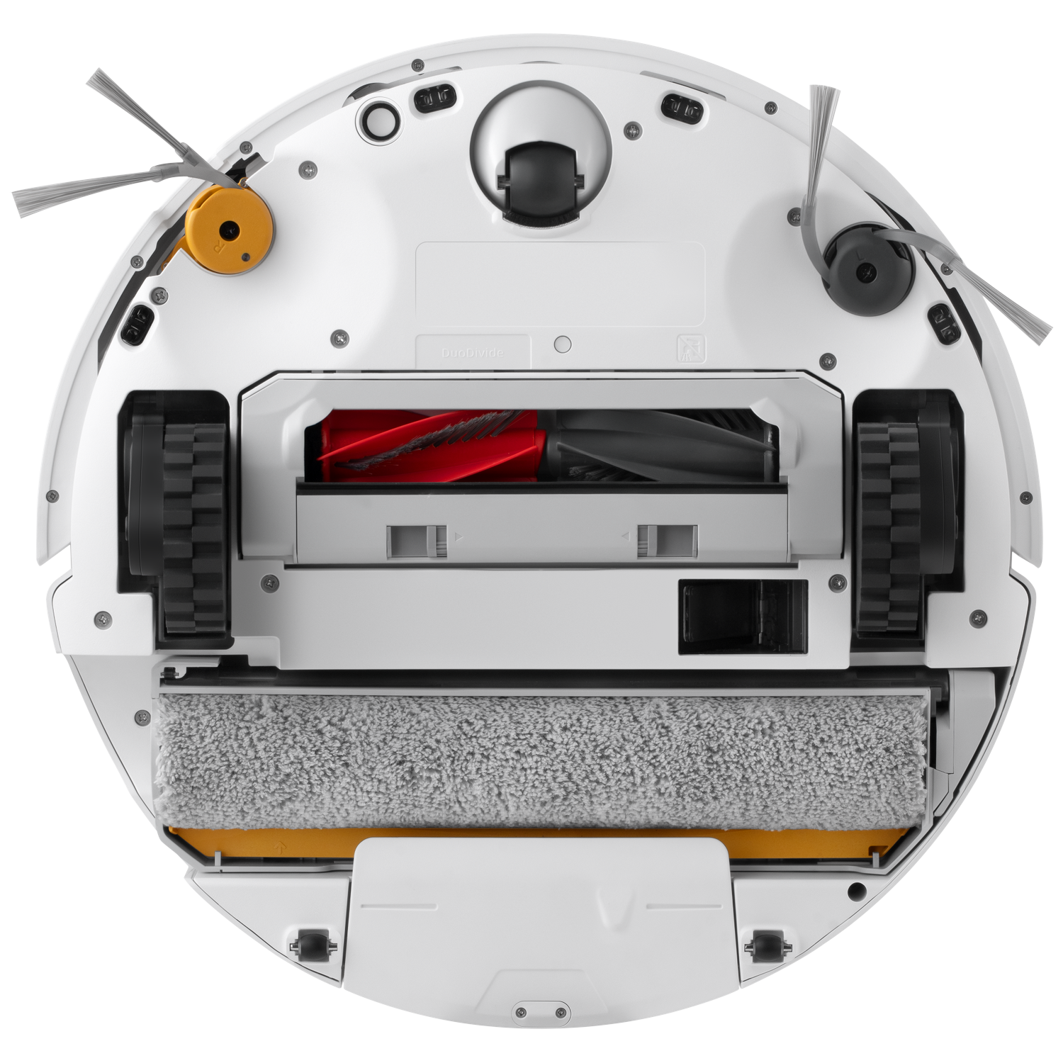 Vue de dessous d'un aspirateur robot blanc avec brosses latérales, roues, brosse rouleau et serpillière.