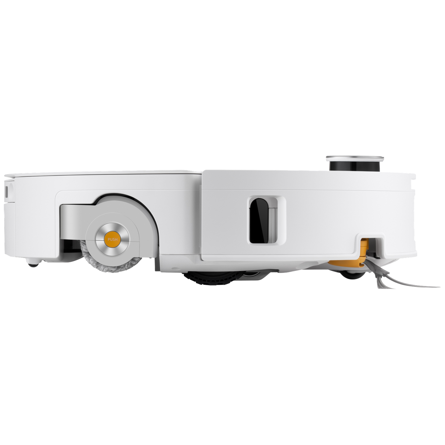 Vue latérale d'un robot aspirateur blanc avec une tour laser, des roues et un bouton de déverrouillage jaune.