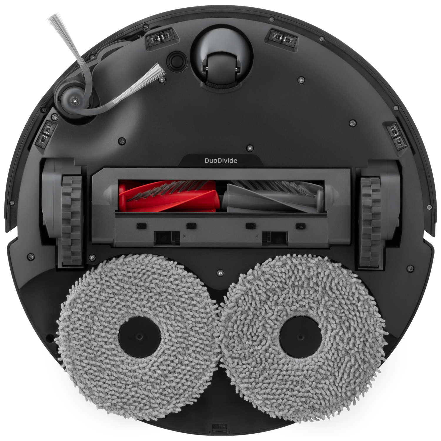 Dessous d'un aspirateur robot noir avec brosse DuoDivide et deux patins de serpillière ronds gris.