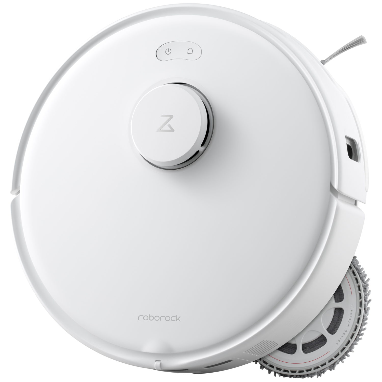 Un robot aspirateur Roborock blanc avec un corps rond et un rouleau de serpillière étendu.