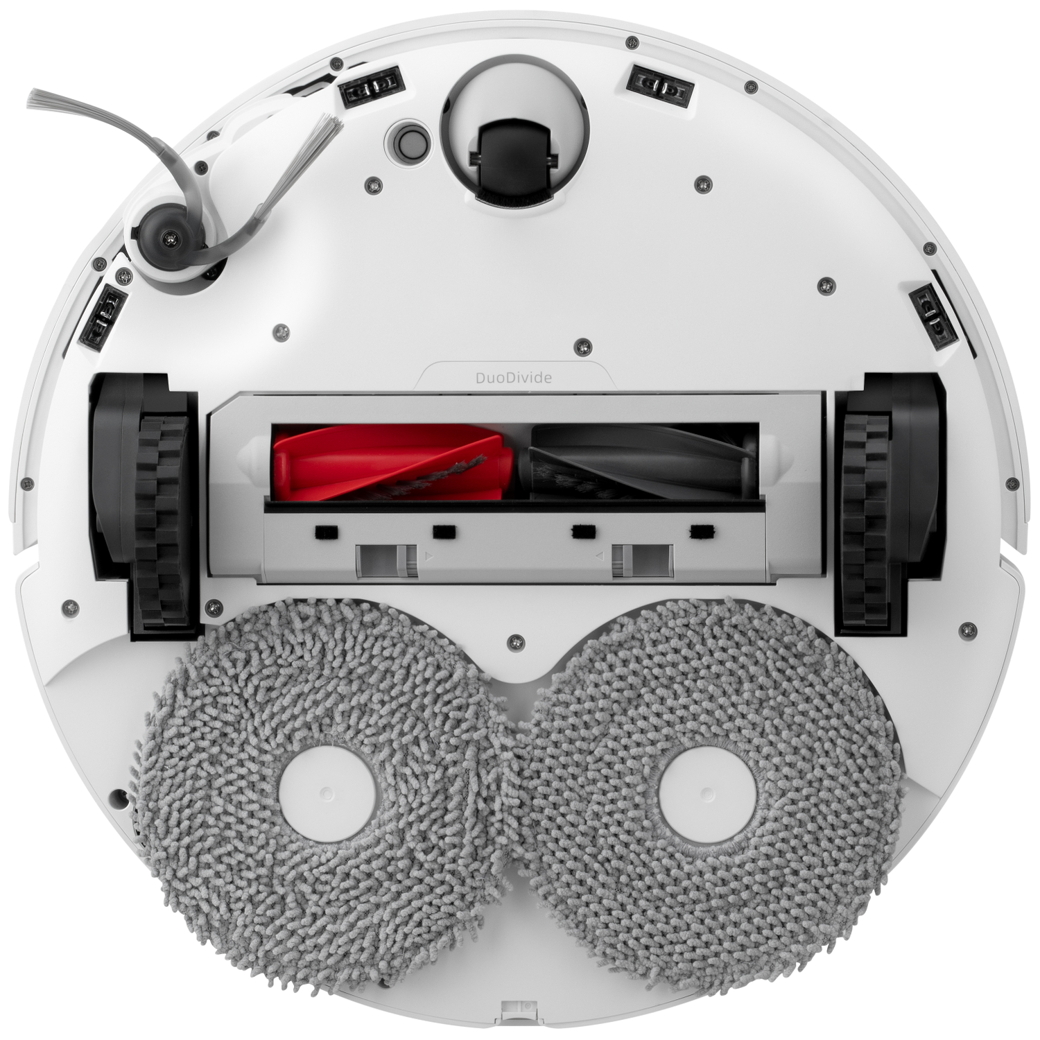 Dessous d'un aspirateur robot blanc avec brosses DuoDivide, roues, brosse latérale et deux patins de serpillière.