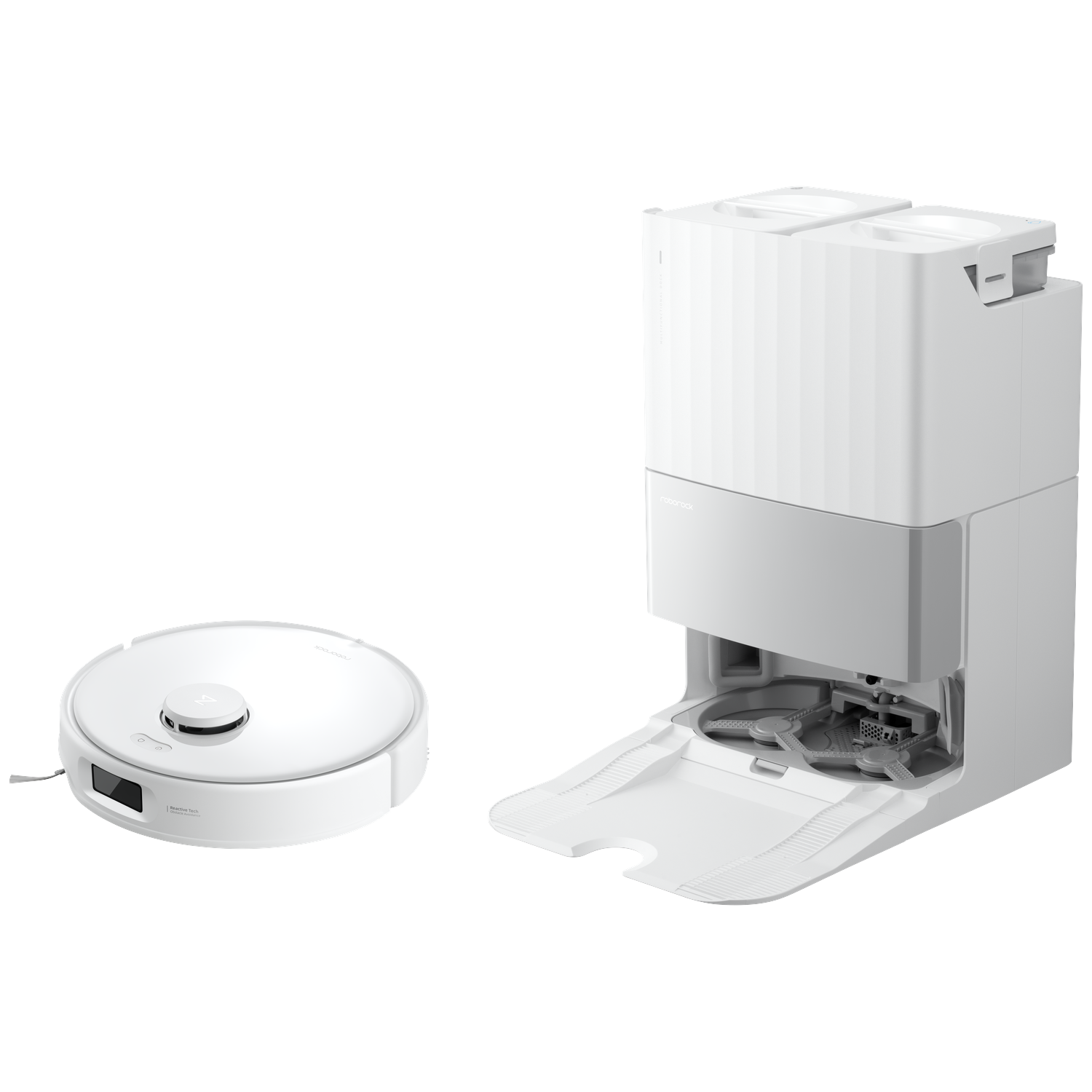 Un robot aspirateur blanc et sa station d'accueil assortie avec réservoir d'eau sur fond noir.