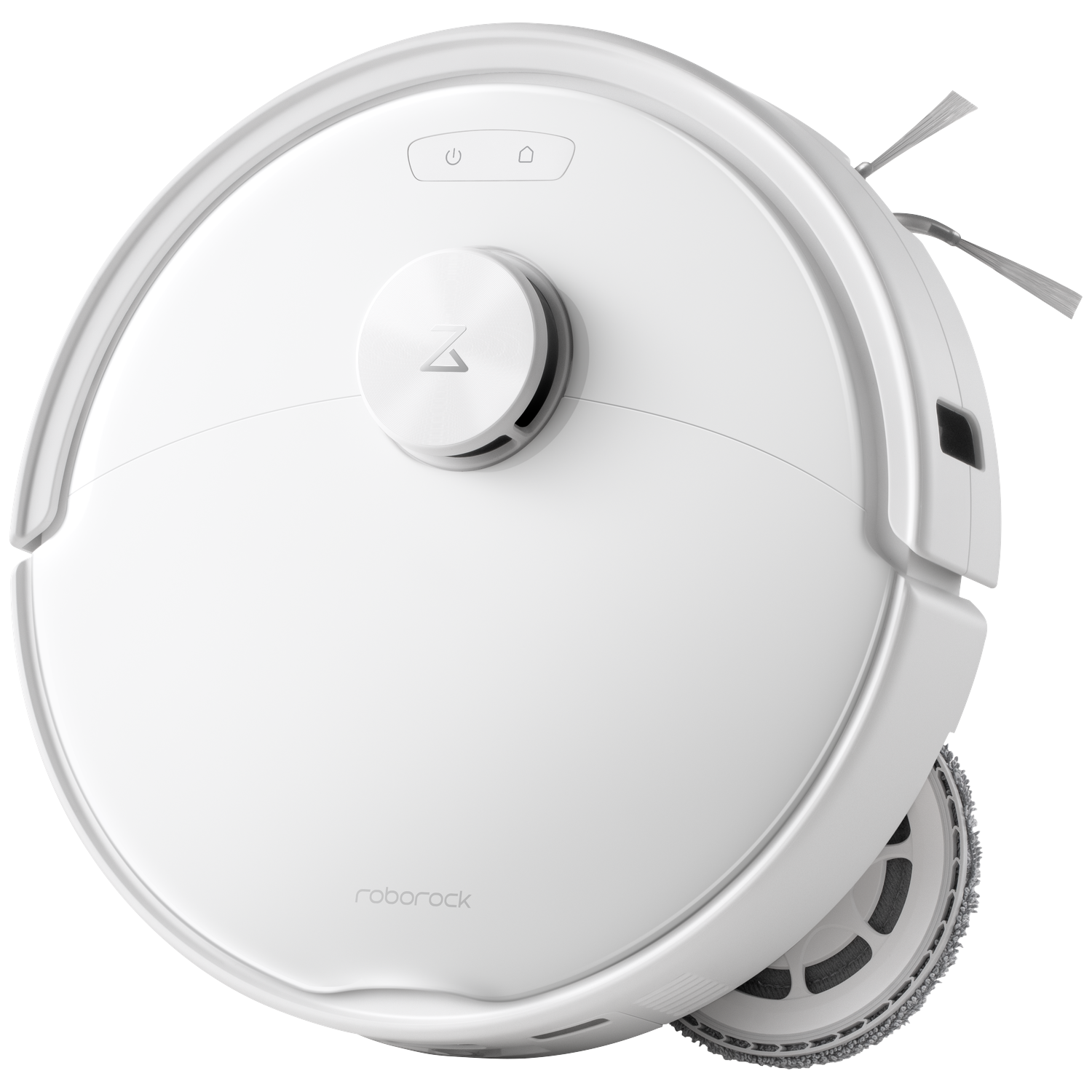 Un robot aspirateur et laveur Roborock blanc, de forme ronde avec capteur LiDAR sur le dessus, sur fond noir.