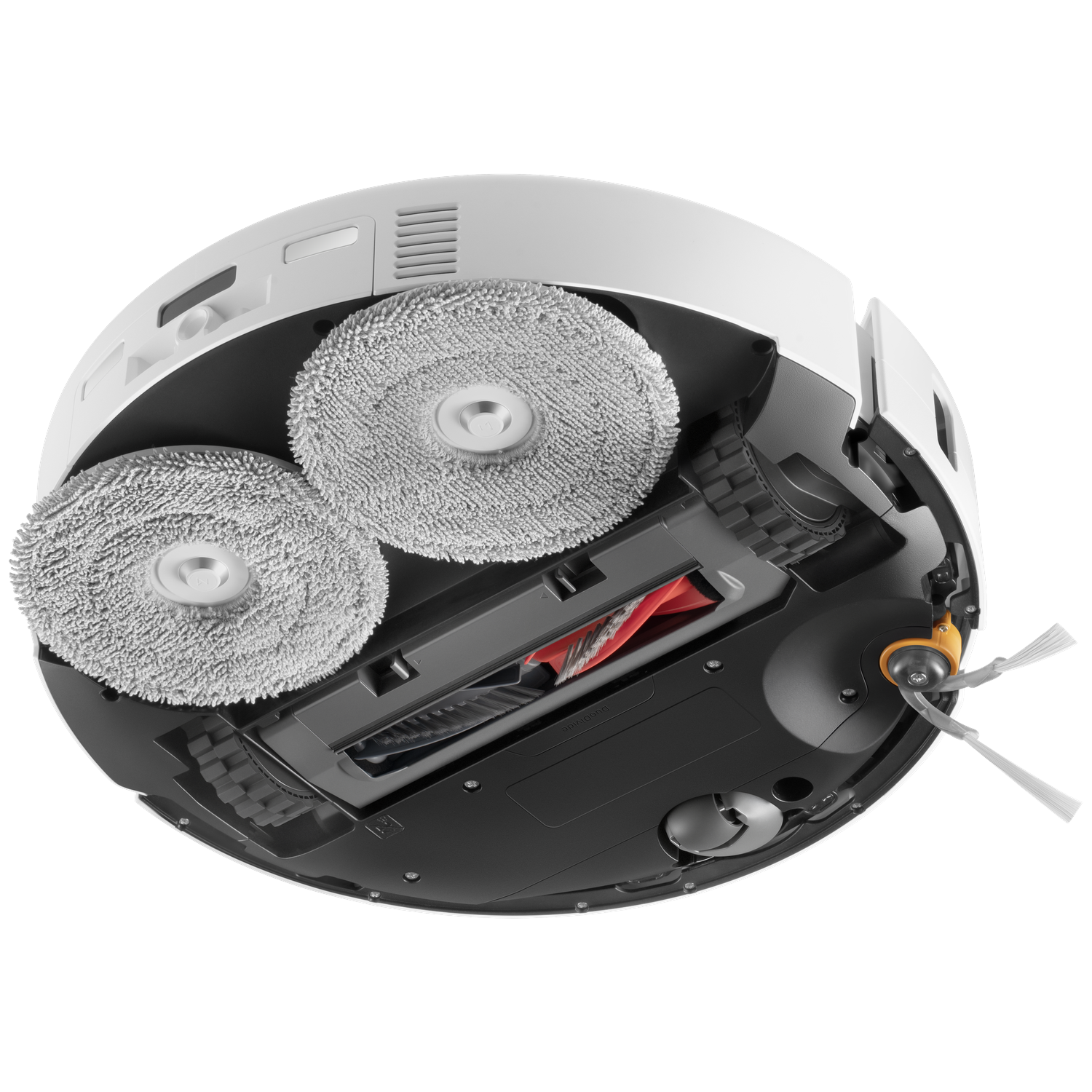 Vue de dessous d'un aspirateur robot blanc avec deux patins de vadrouille rotatifs, une brosse centrale et une brosse latérale.
