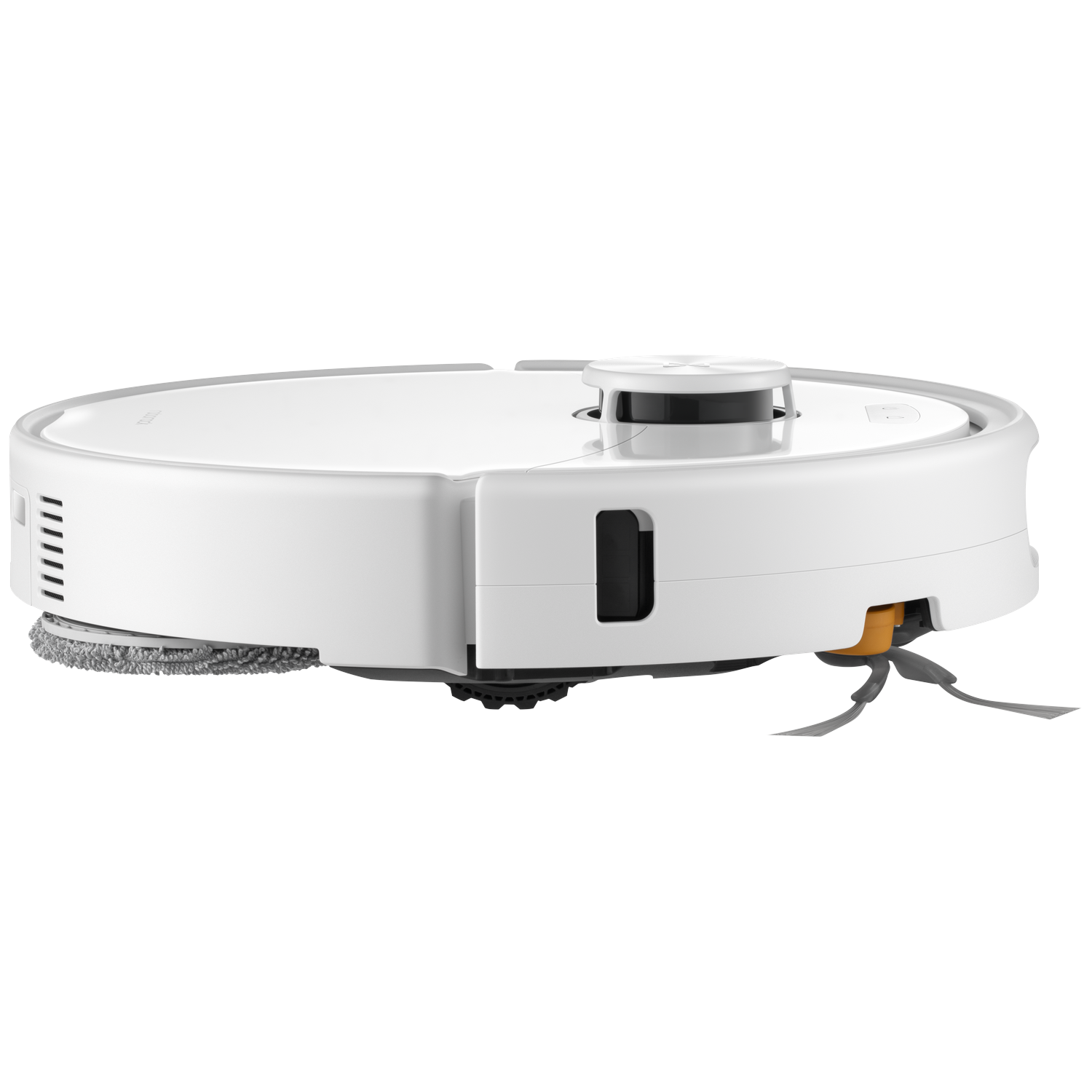 Un aspirateur robot blanc avec brosse latérale et patin de serpillière, sur fond noir.