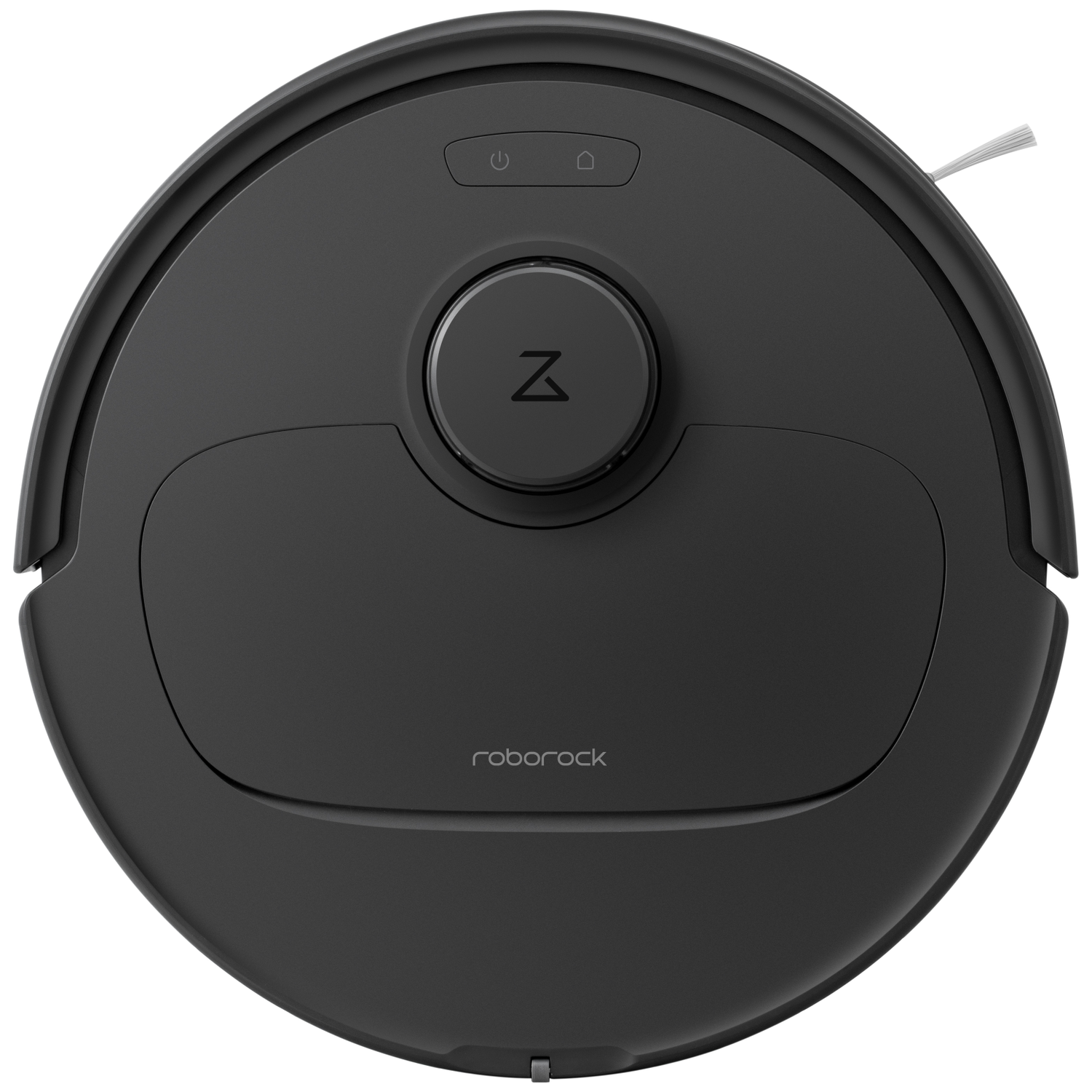 Vue de dessus d'un aspirateur robot Roborock noir avec capteur et boutons.