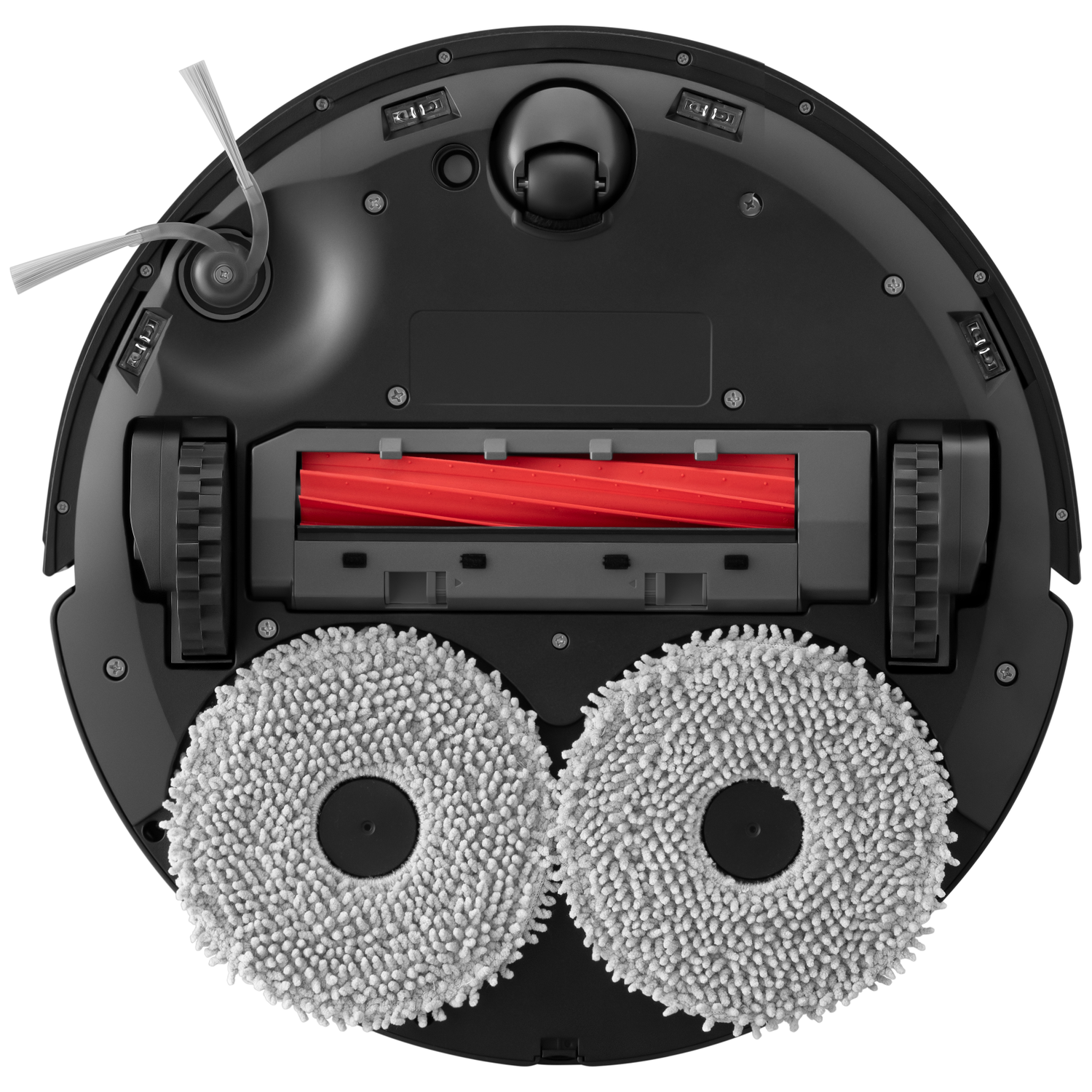 Vue de dessous d'un robot aspirateur noir avec des rouleaux rouges, deux serpillères rondes grises et deux roues noires.