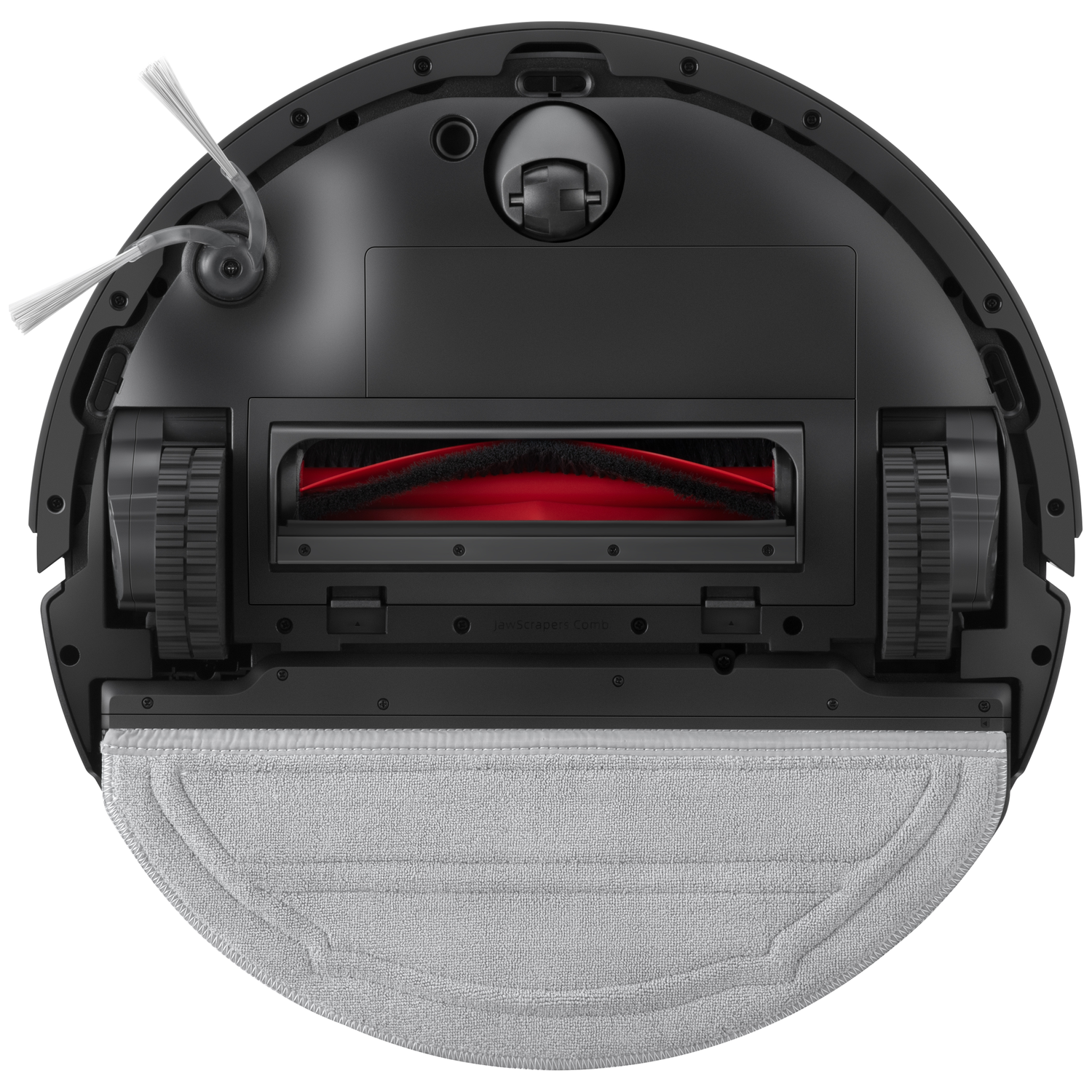 Dessous d'un aspirateur robot noir avec des brosses rouges et une serpillière grise.