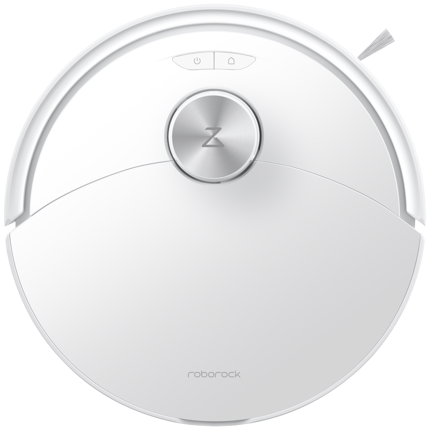 Un robot aspirateur Roborock blanc vu du dessus avec une tourelle laser argentée et des boutons.