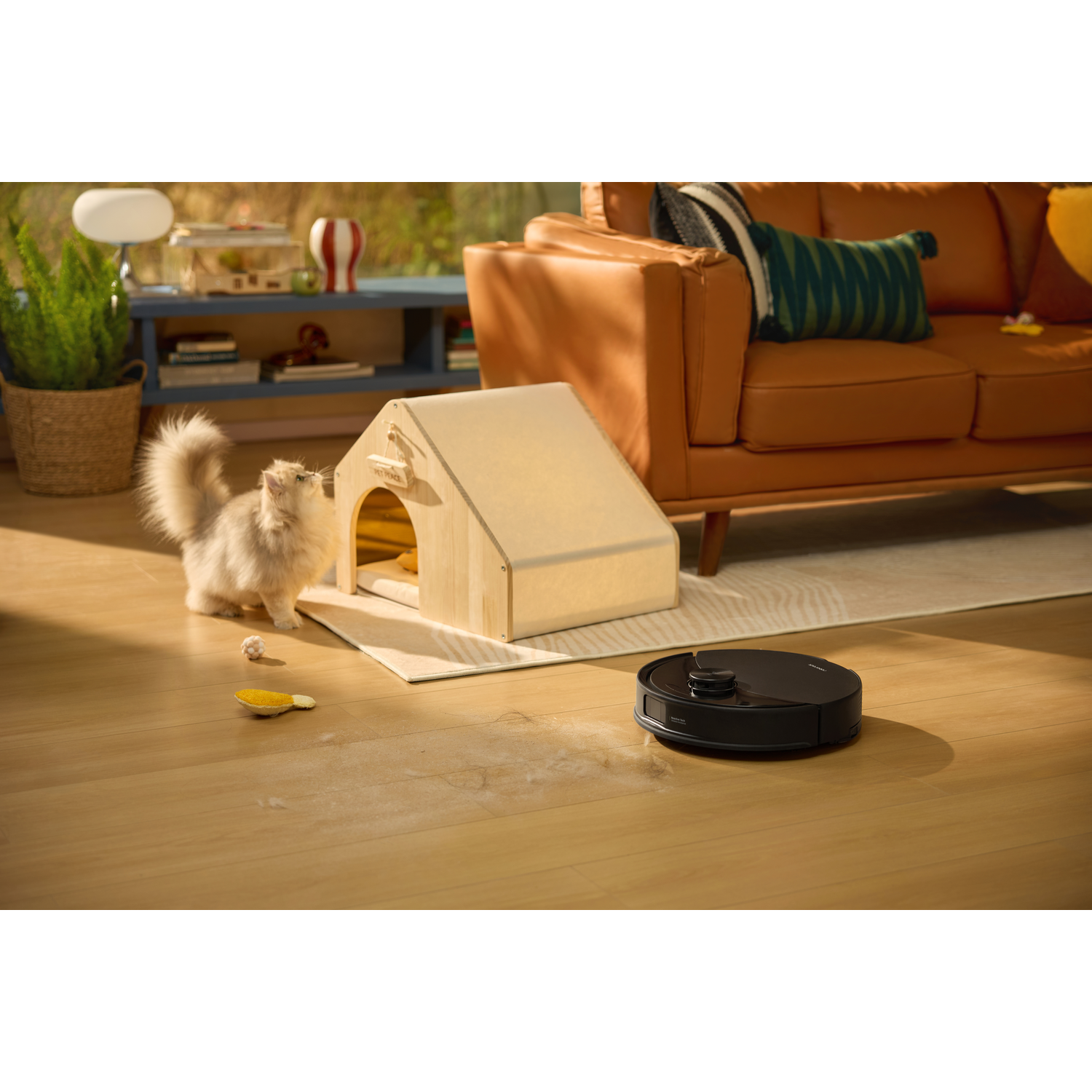 Un robot aspirateur nettoie un sol en bois près d'une maison pour chat, d'un chat duveteux et d'un canapé en cuir.