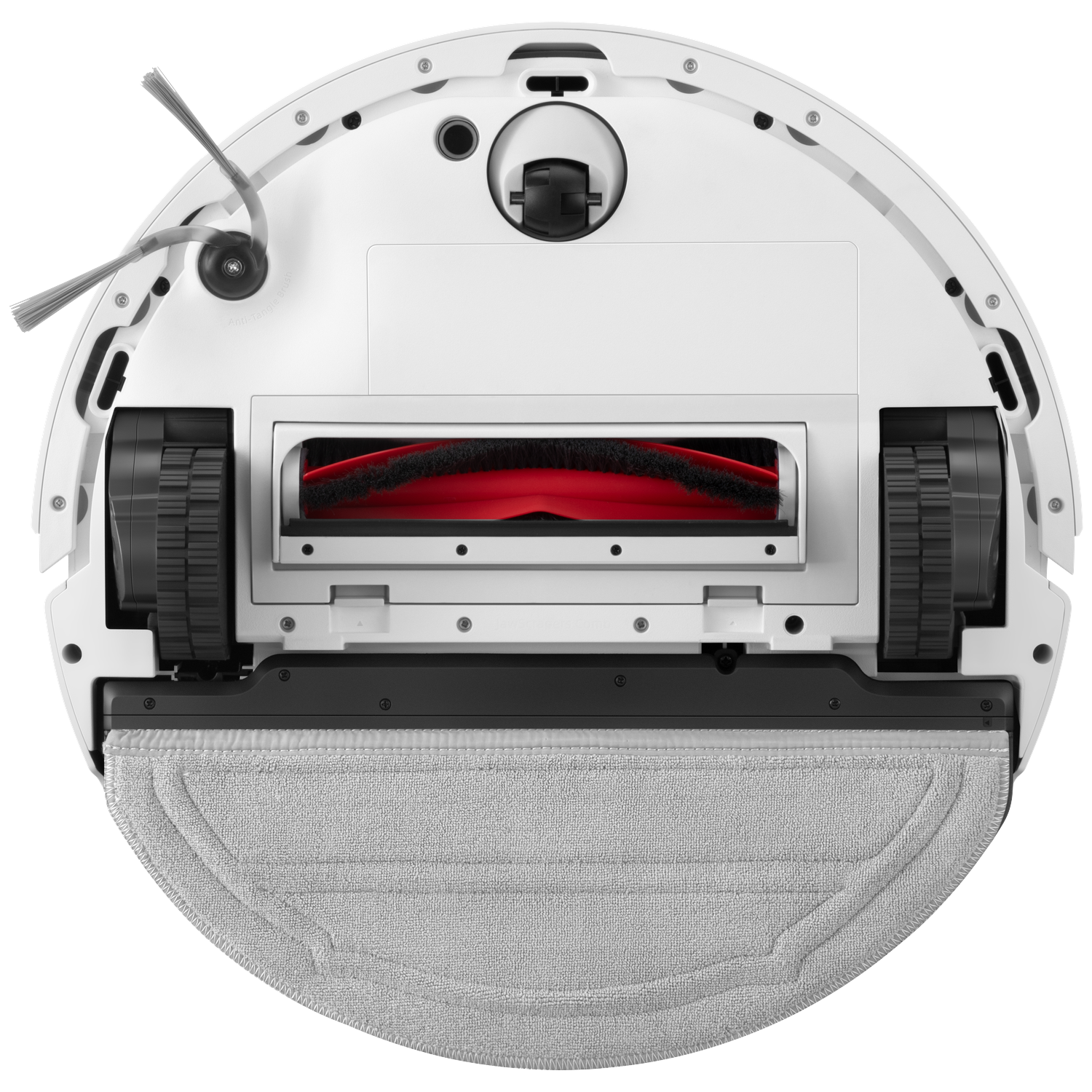 Vue de dessous d'un aspirateur robot blanc avec roues, brosse latérale, brosse rotative rouge et serpillière.