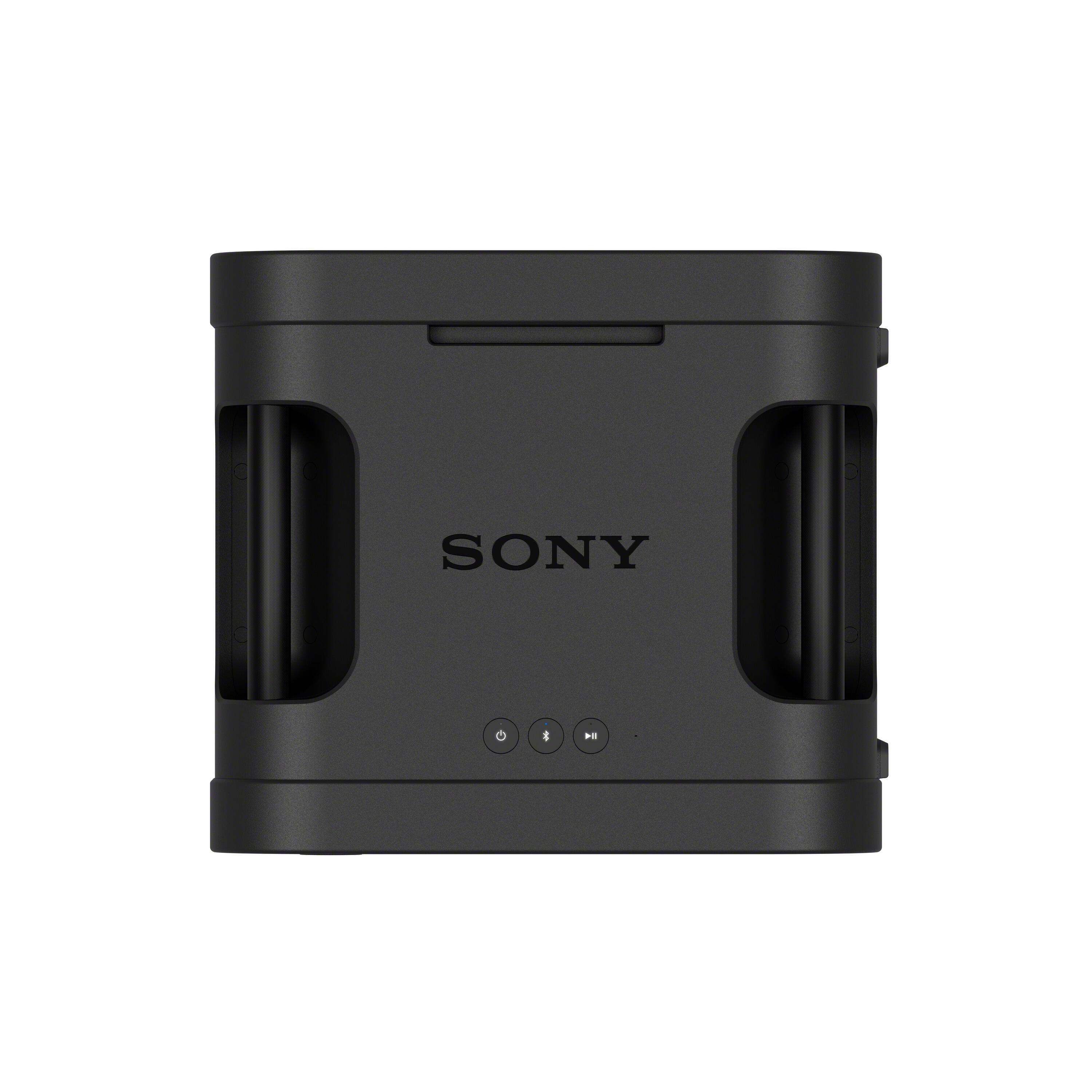 Un altavoz Sony negro con asas y tres botones de control sobre fondo blanco.