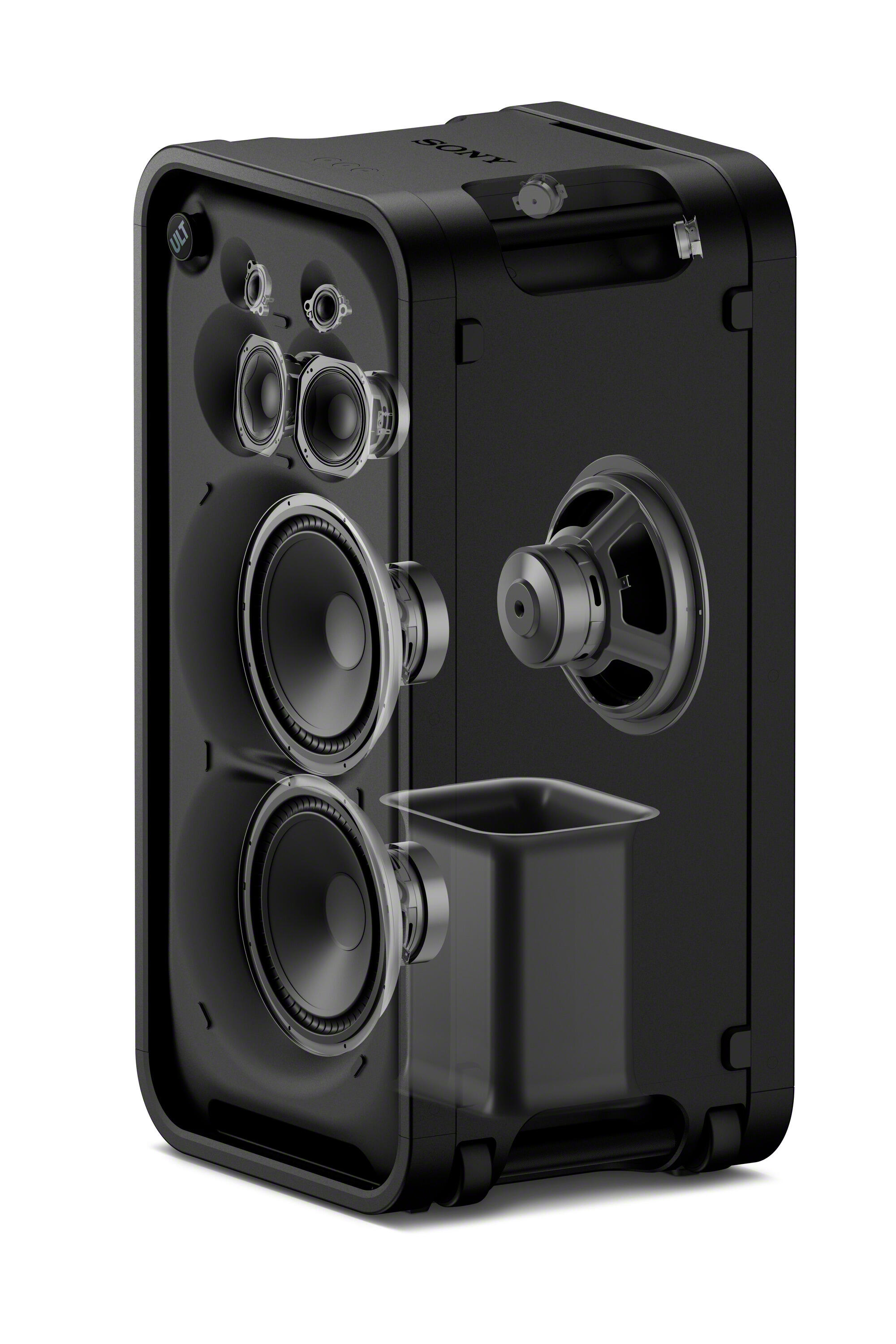 Vista en corte de un altavoz portátil negro de Sony que muestra los controladores y componentes internos.