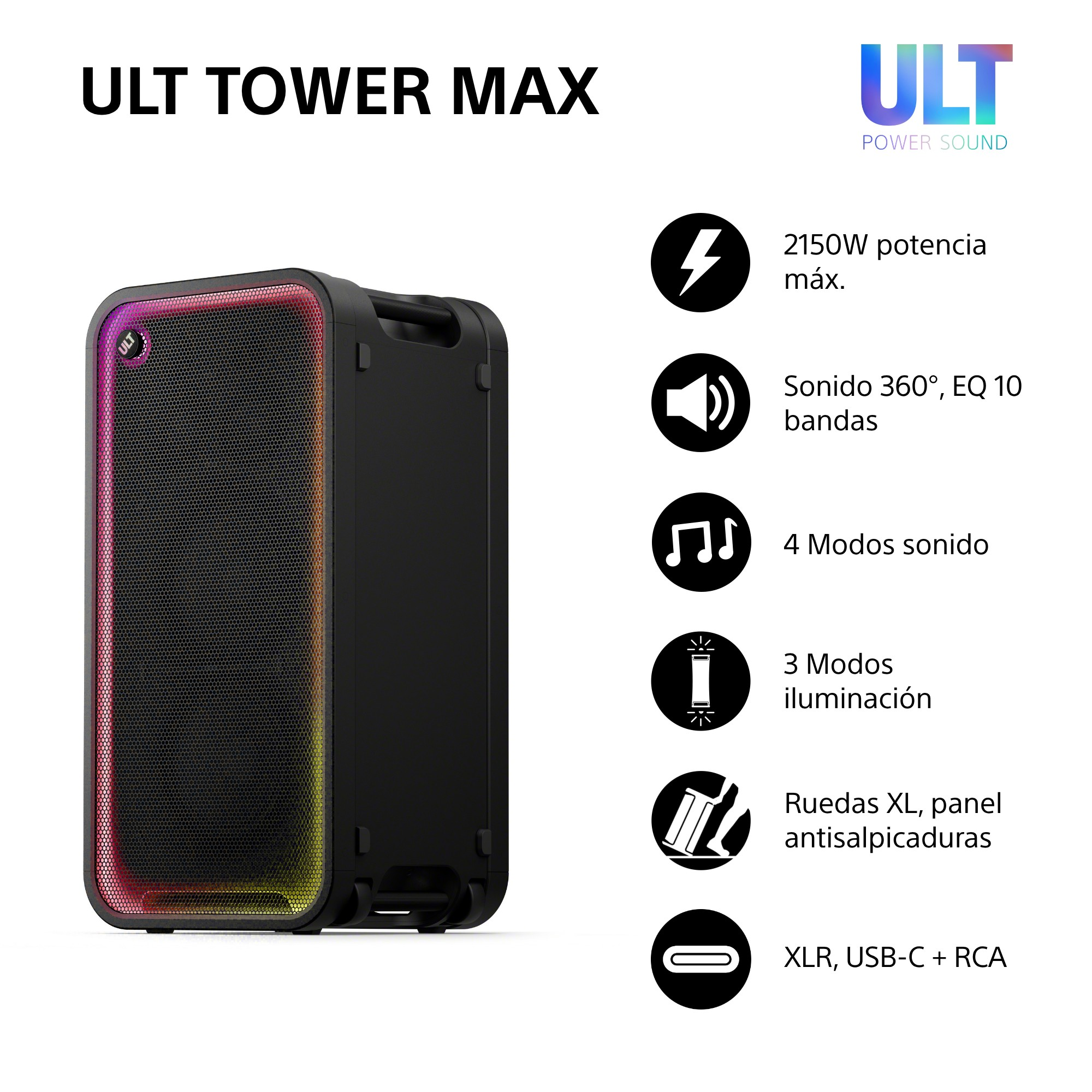 2150 W, Sonido 360º, EQ 10 bandas, 4 modos sonido, 3 modos iliuminación, Ruedas XL, Panel antisalpicaduras, XLR, USB-C, USB-A.