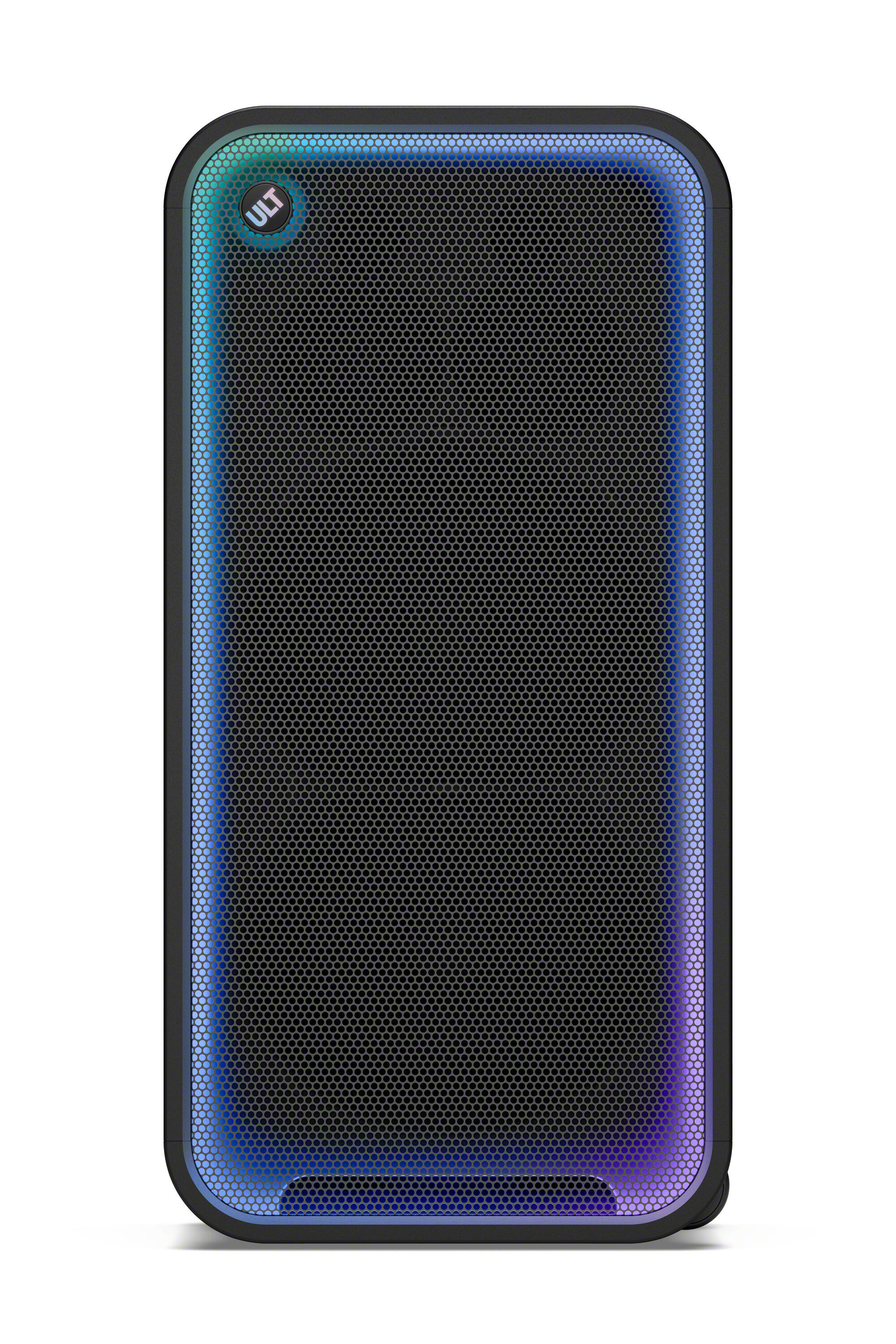 Un altavoz negro rectangular con rejilla metálica, iluminación azul en el borde y el logotipo ULT arriba a la izquierda.