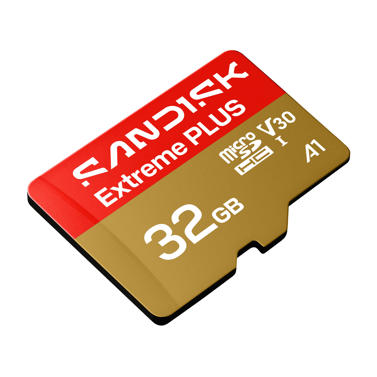 Una scheda di memoria microSD SanDisk Extreme Plus da 32 GB rossa e oro su sfondo bianco.