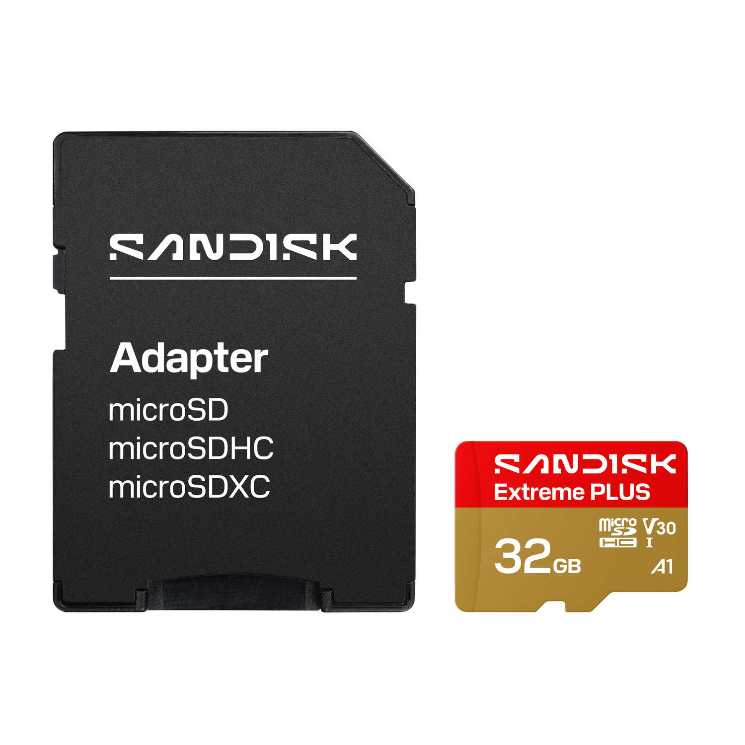 Un adattatore per scheda SD nero e una scheda microSD SanDisk 32GB Extreme Plus rossa e oro.