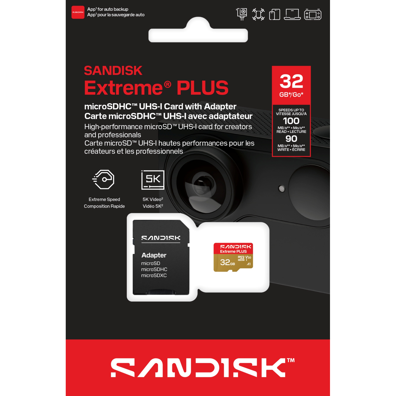 Scheda di memoria microSDHC SanDisk Extreme Plus da 32 GB con adattatore su confezione nera.