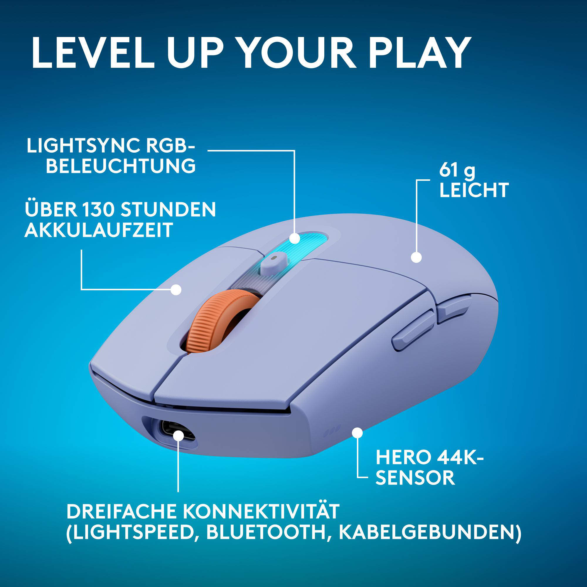 Eine hellviolette Gaming-Maus auf blauem Hintergrund mit Funktionshinweisen.