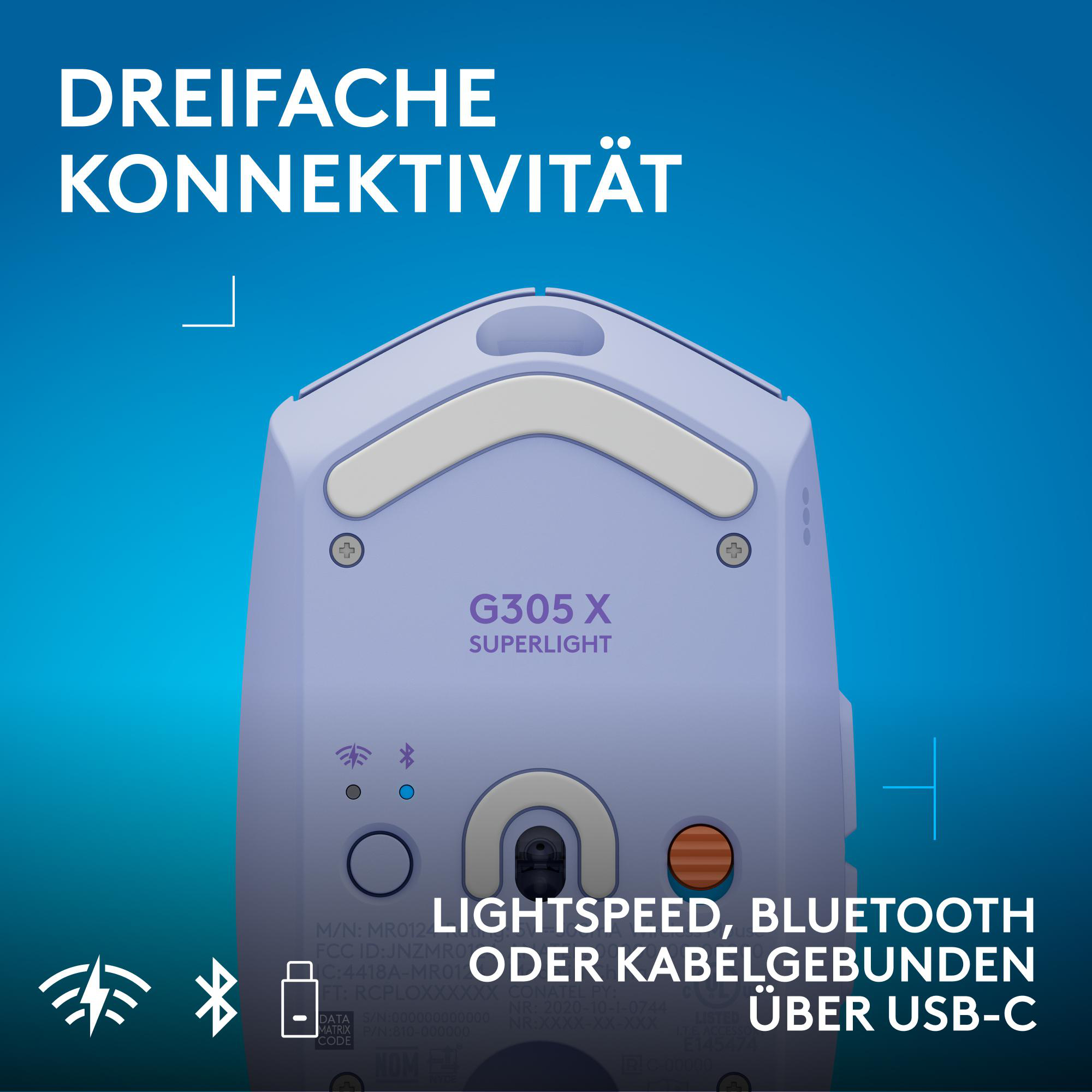 Unterseite einer violetten G305 X Superlight Maus vor blauem Hintergrund mit deutschem Werbetext.