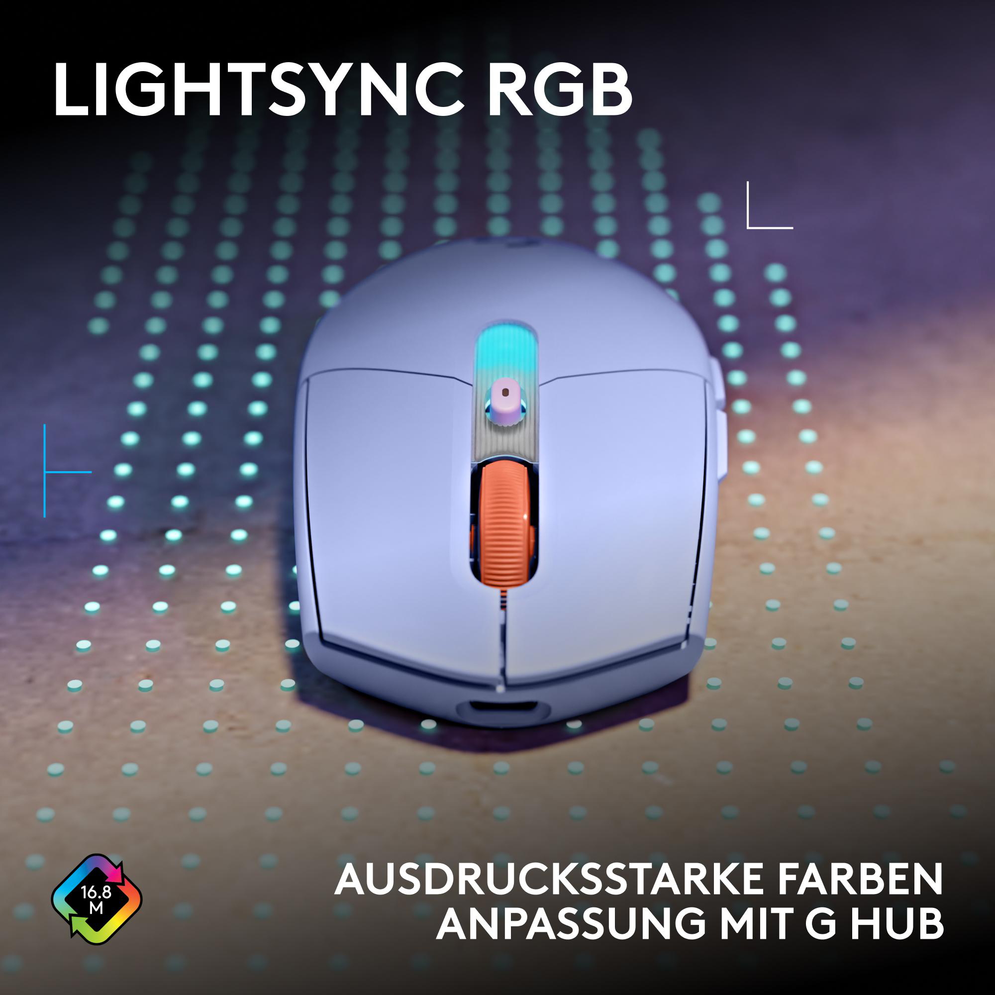 Eine hellblaue Gaming-Maus mit orangem Mausrad und leuchtendem Cyan-Logo auf gepunkteter Oberfläche.
