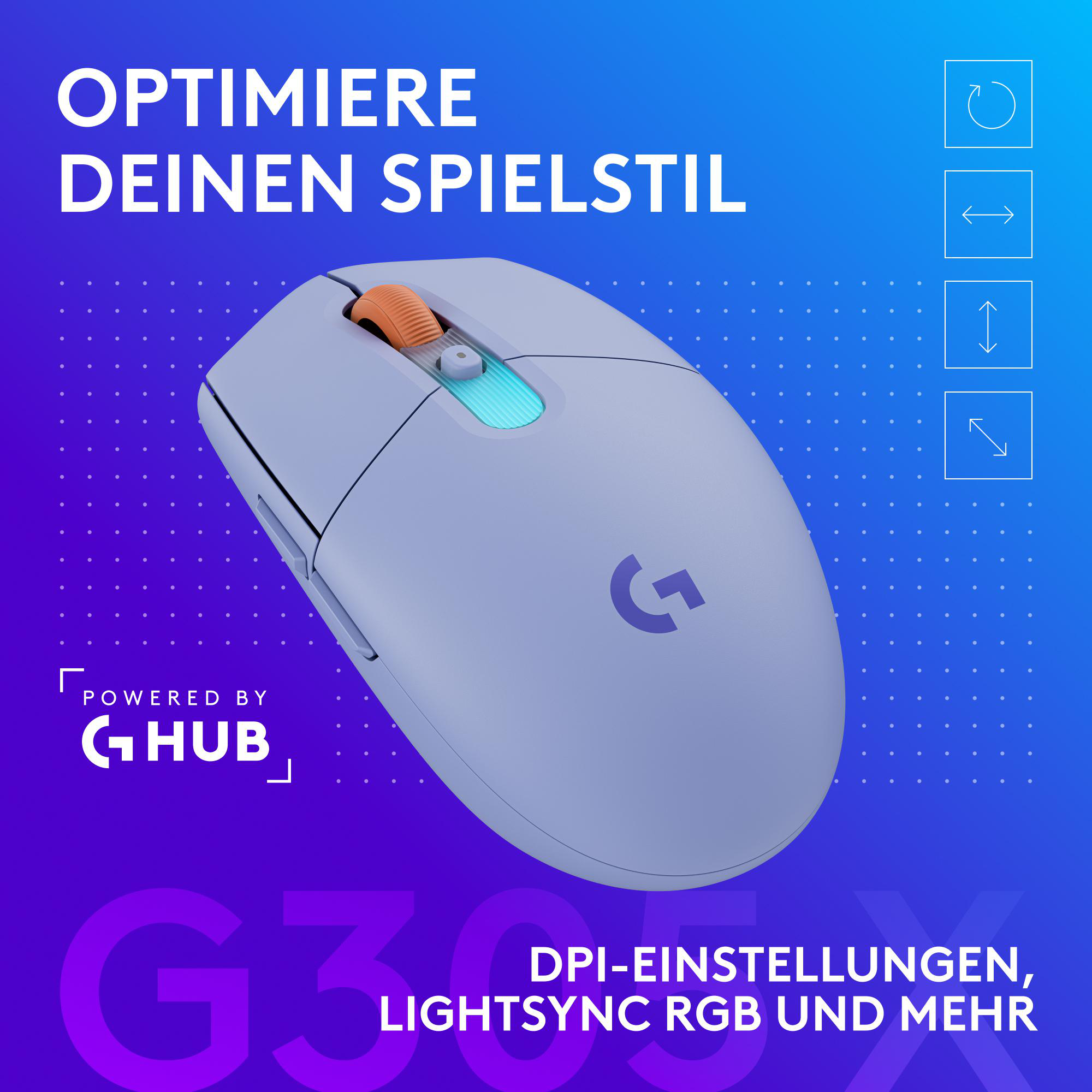 Eine hellviolette Logitech-Gaming-Maus auf blauem Grund mit deutschem Text und Symbolen rechts.