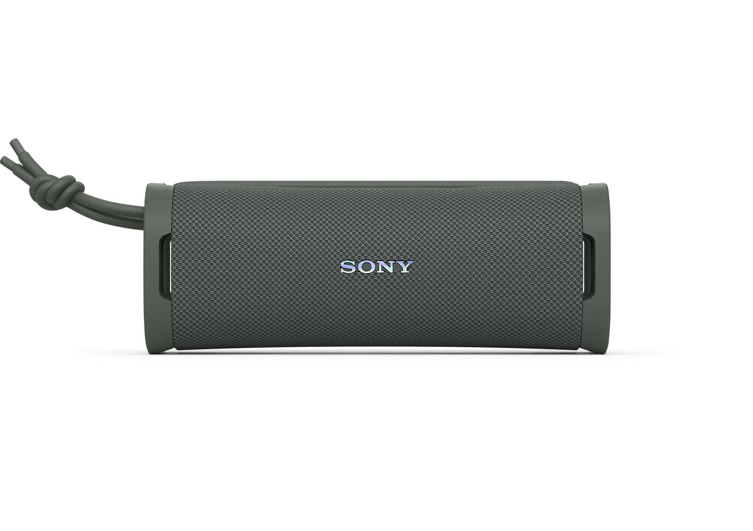 Siyah arka plan önünde taşıma ipine sahip gri kablosuz Sony hoparlör.